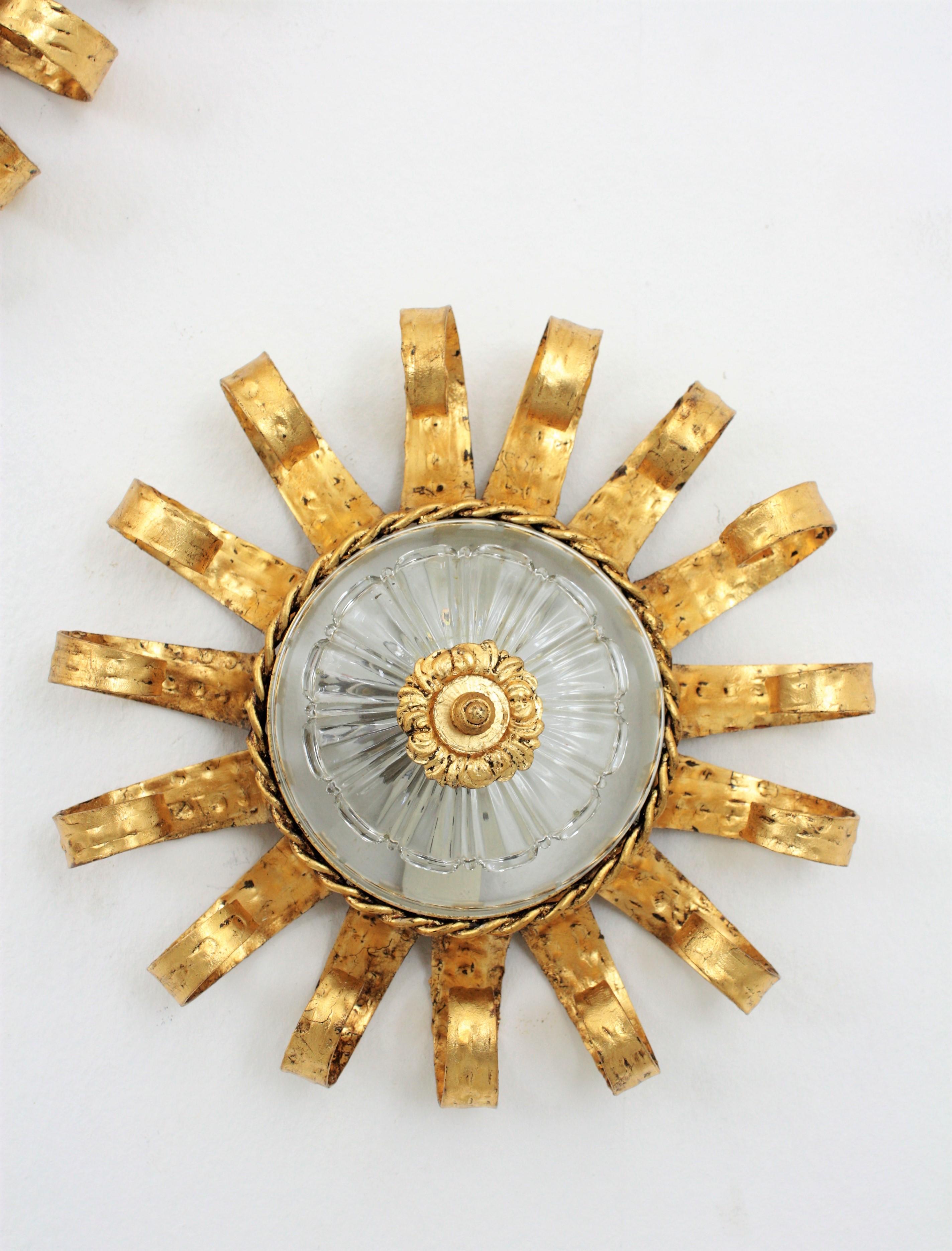 Sunburst Crown Ceiling Light Fixtures, Gilt Iron and Glass, Set of Five  In Excellent Condition In Barcelona, ES