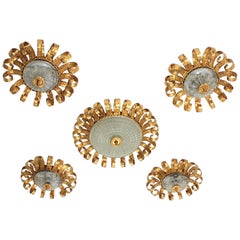 Sunburst Crown Ceiling Light Fixtures, Gilt Iron and Glass, Set of Five Sunburst Crown Ceiling Light Fixtures, Gilt Iron and Glass, Set of Five