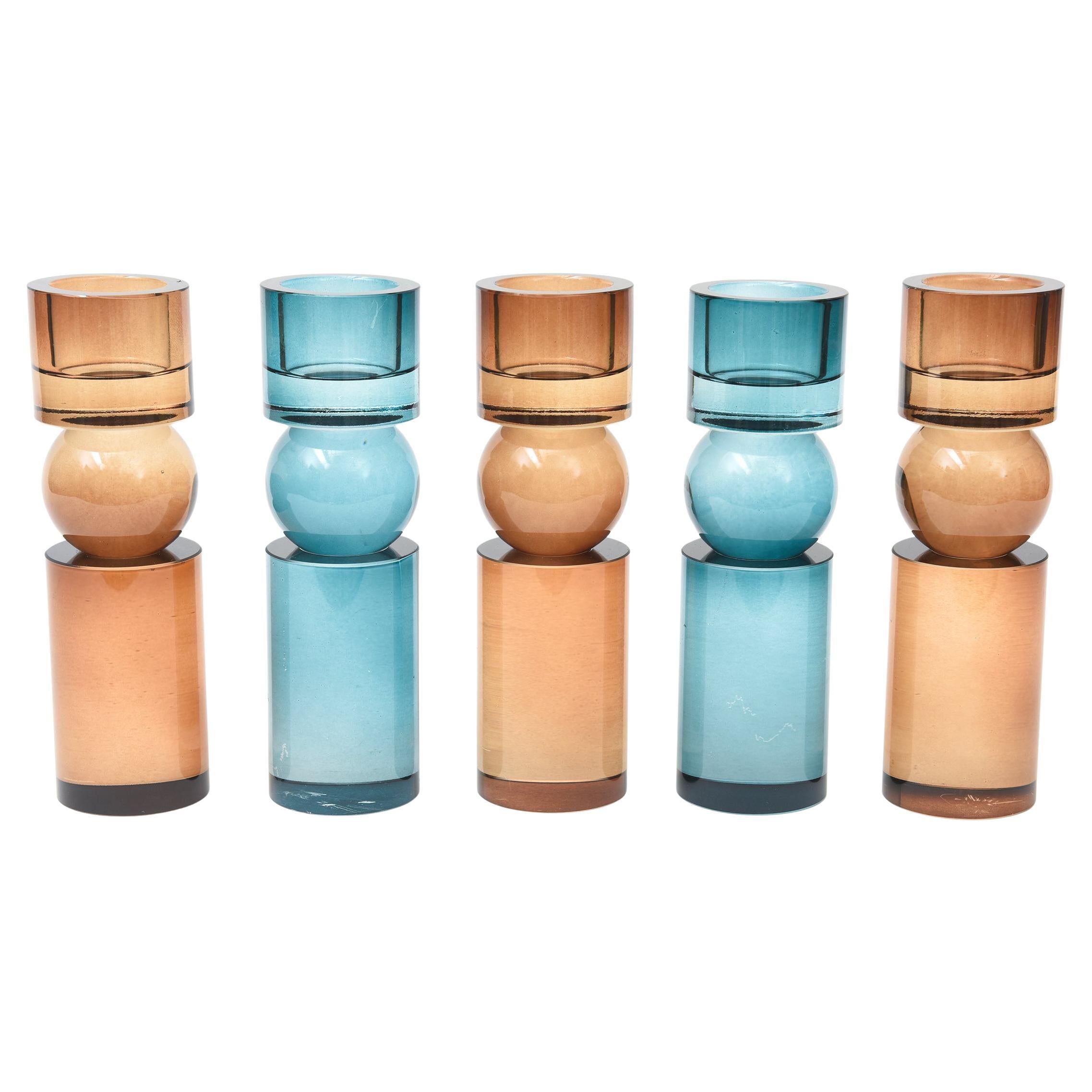 Set of Five Glass Candlesticks, Votives Or Vases Amber Brown and Teal Turquoise