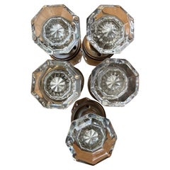 Set of Five Glass Door Knobs w/ Octagon Shaped Edge, Rosettes and Spindles