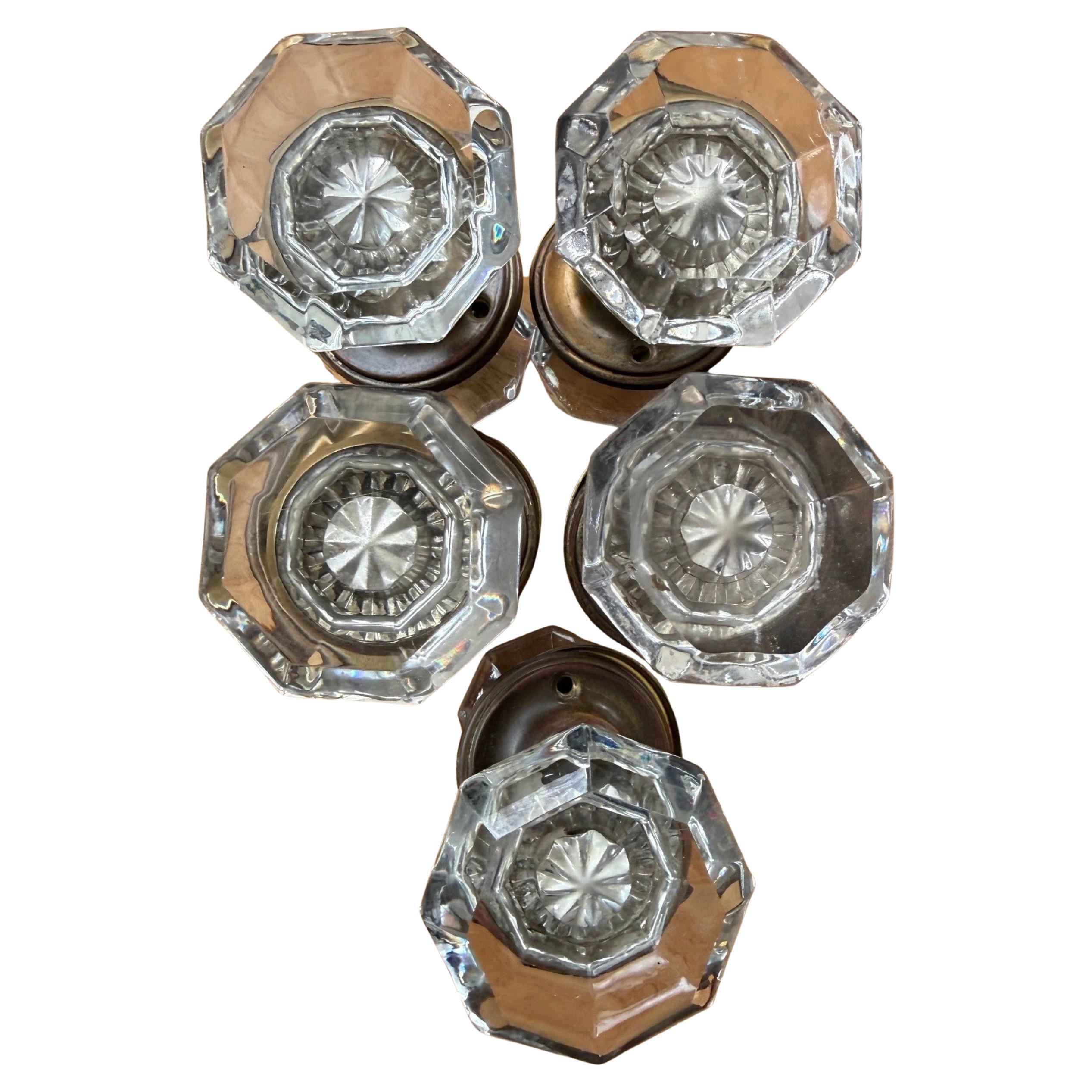 Set of Five Glass Door Knobs w/ Octagon Shaped Edge, Rosettes and Spindles