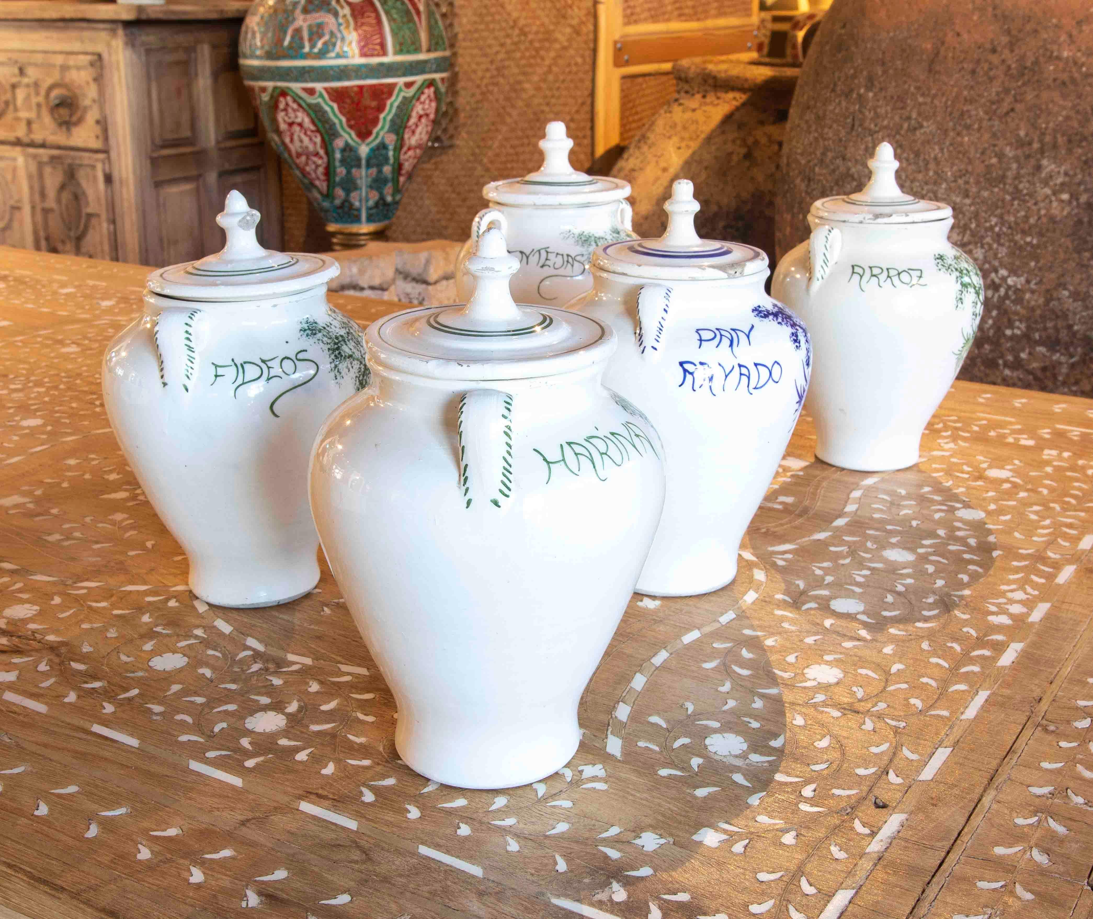 Set of Five Glazed Ceramic Food Jars with Lids for Cooking In Good Condition For Sale In Marbella, ES