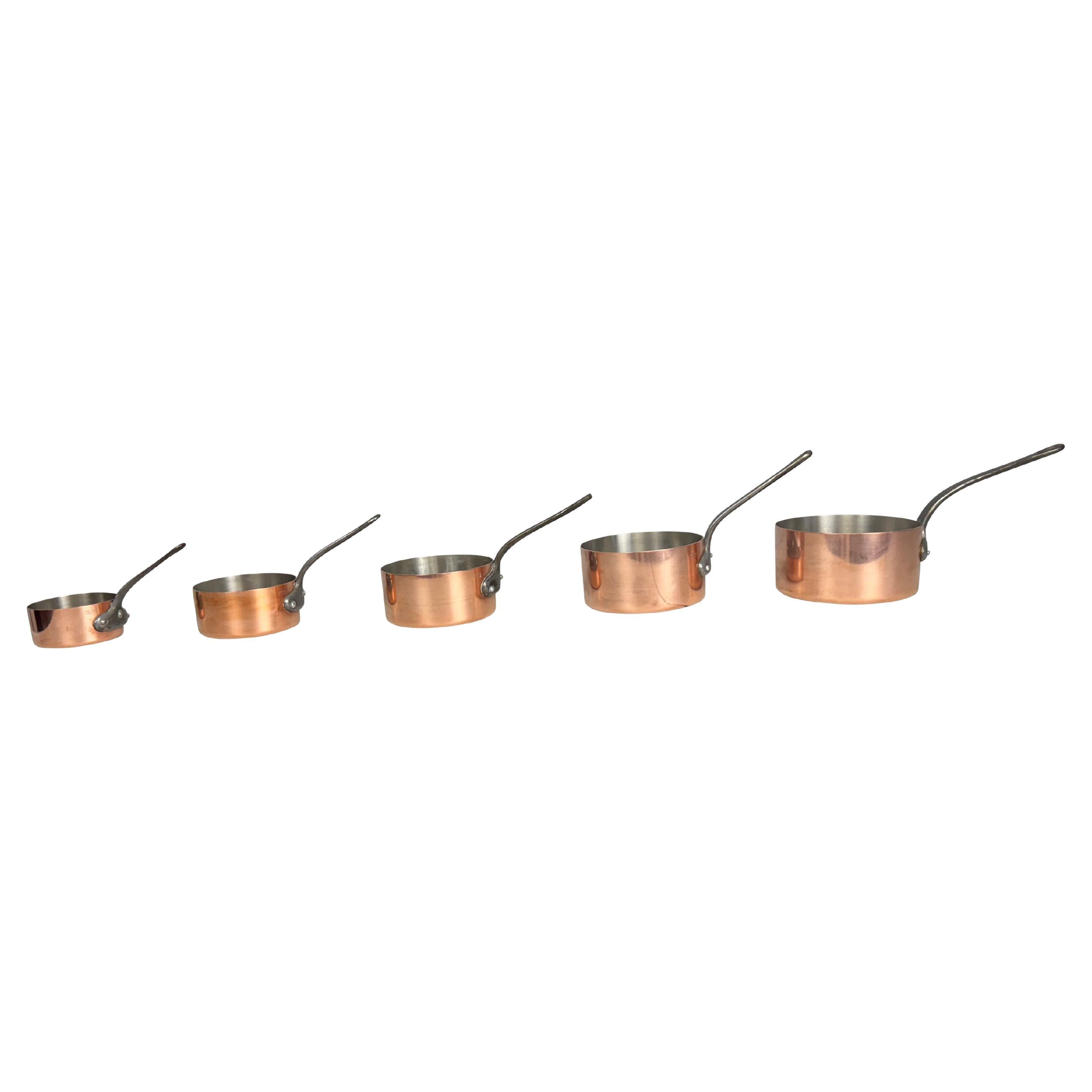 Set of Five Graduated French Copper Sauce Pans With Iron Handles