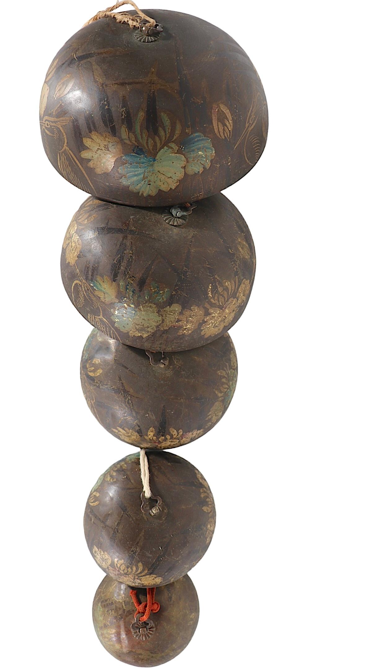 Set of Five Graduated Hand Painted Brass Temple Bells Chinese 19th C. For Sale 5