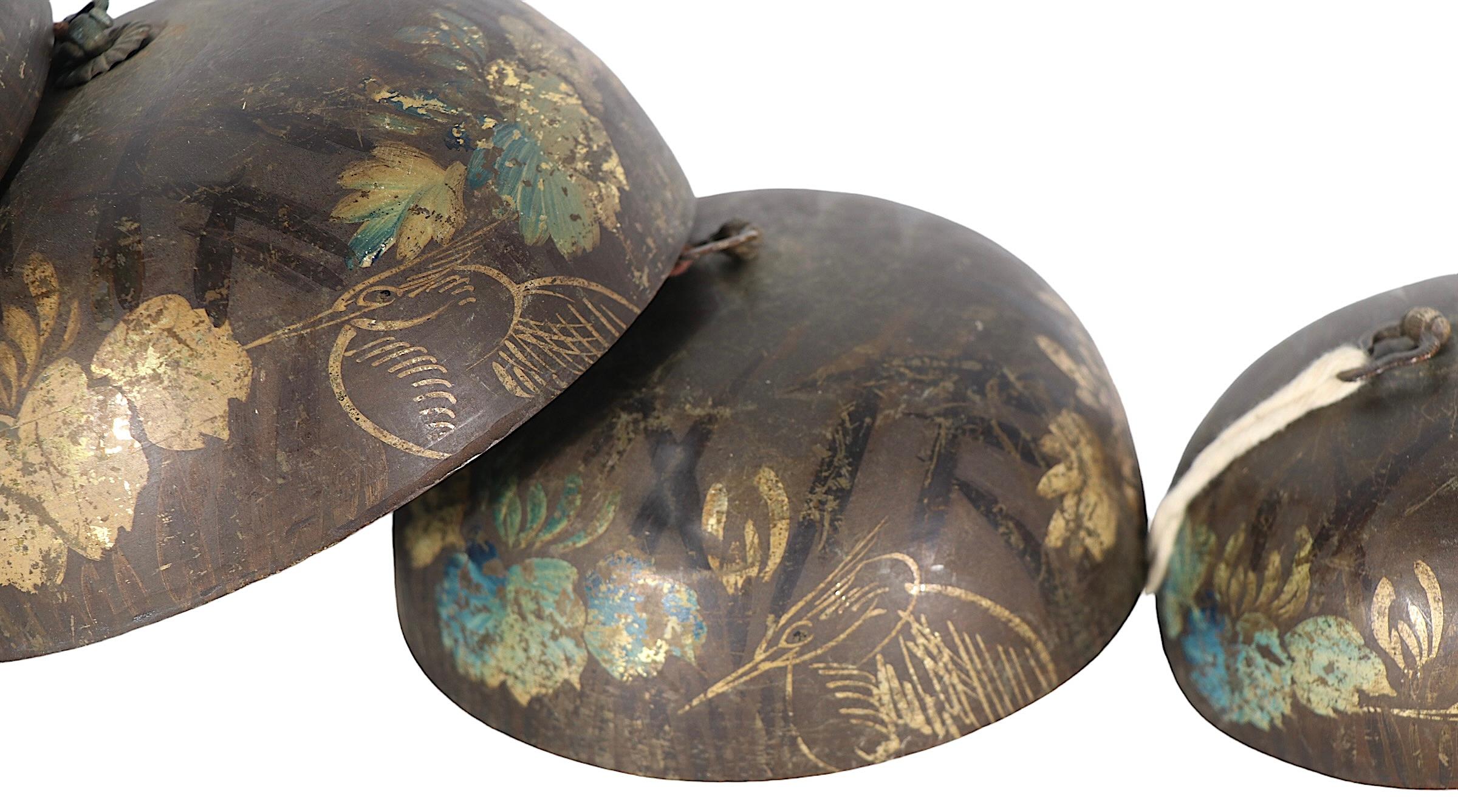 Set of five graduated hand painted brass temple bells, in good, original, vintage condition, We believe there charming bells are 19th C vintage, made in China, however we are not experts in this area of antiques. All five bells are in good