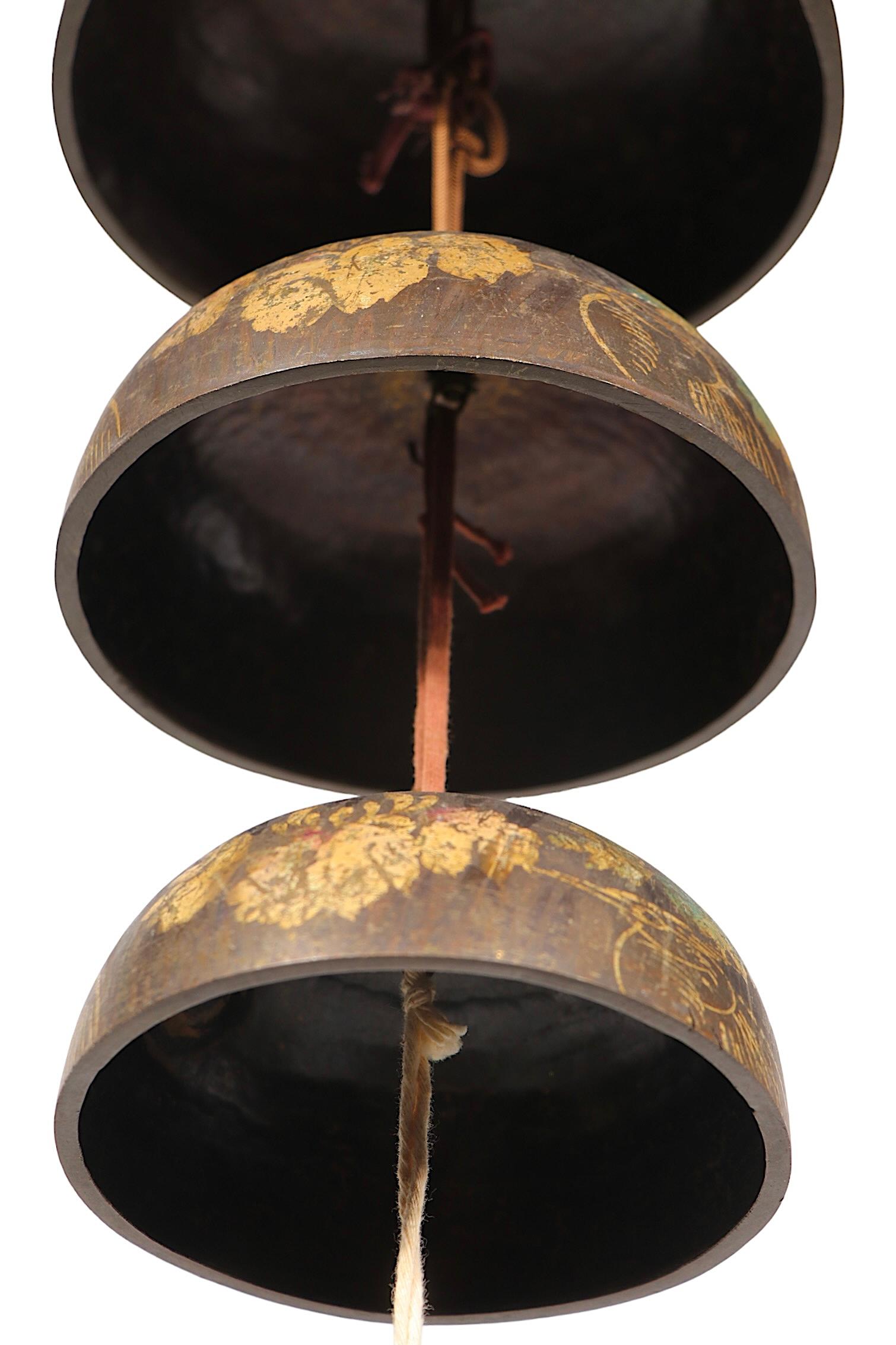 Hand-Painted Set of Five Graduated Hand Painted Brass Temple Bells Chinese 19th C. For Sale