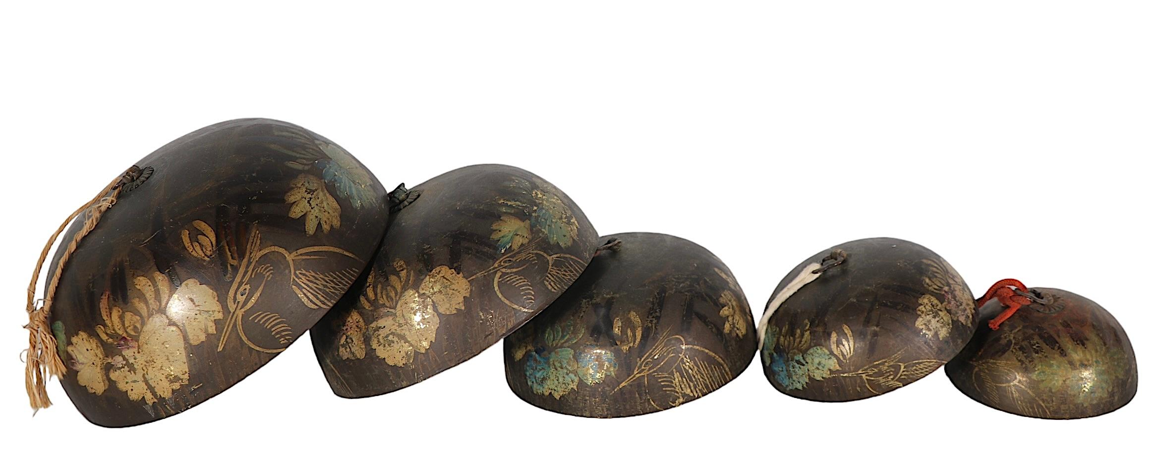 Set of Five Graduated Hand Painted Brass Temple Bells Chinese 19th C. In Fair Condition For Sale In New York, NY