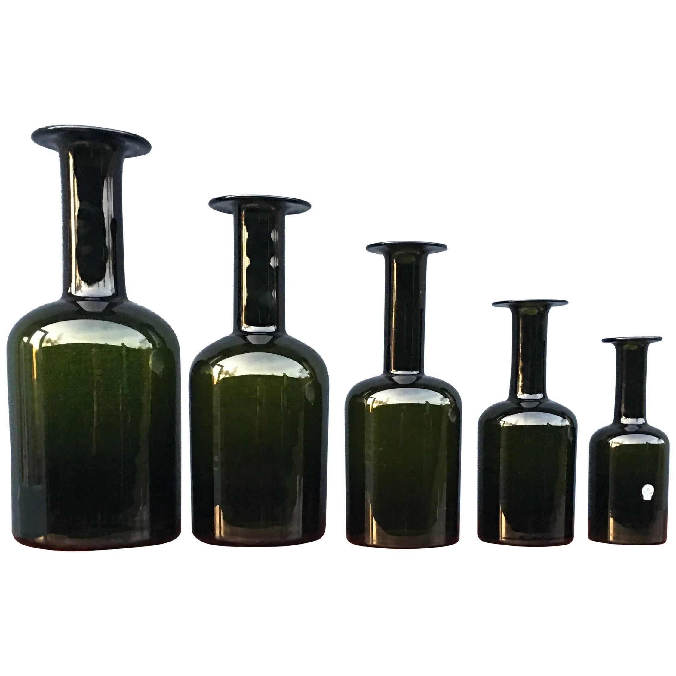 Set of Five 'Gulvase' by Otto Brauer for Holmegaard in Bottle Green