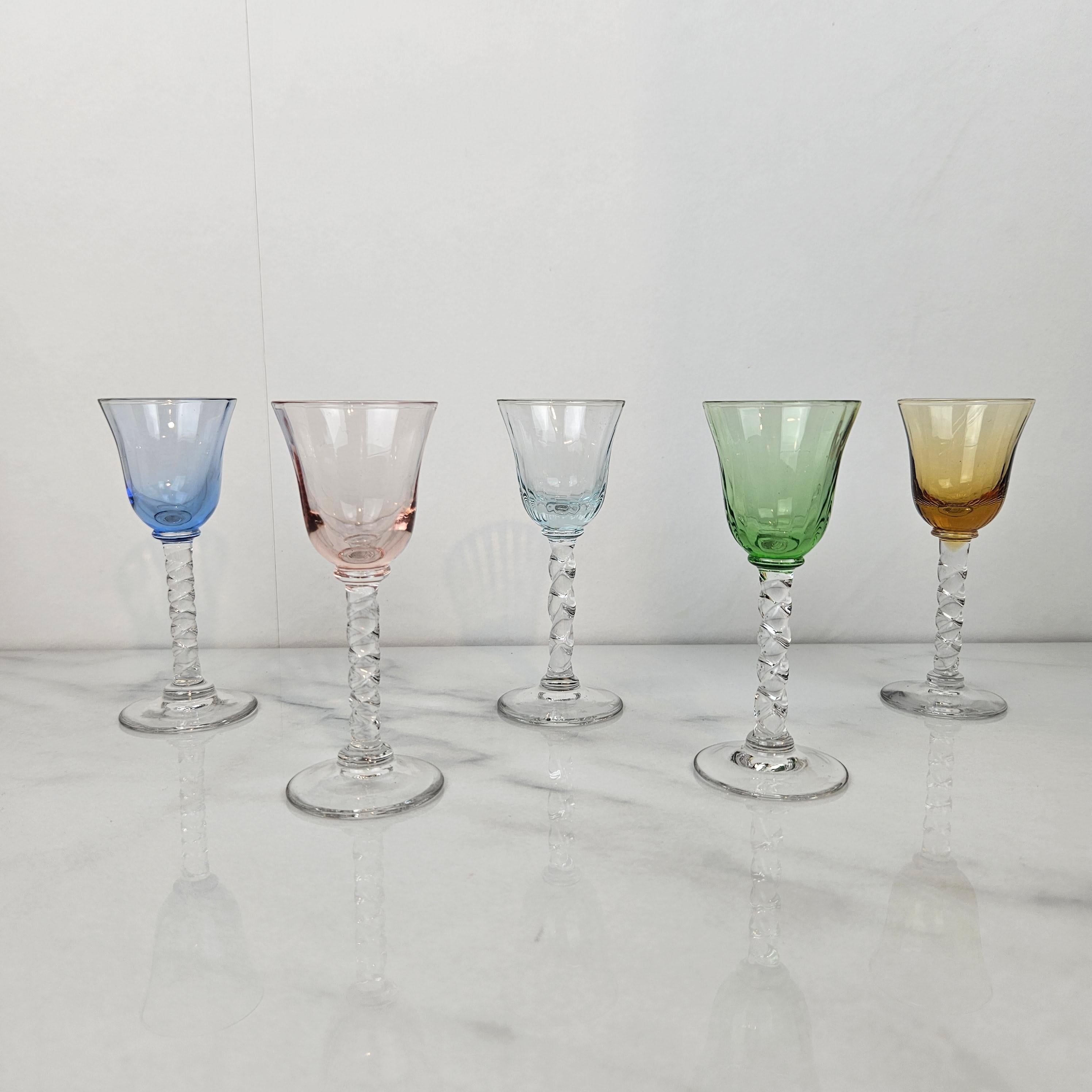 Romantic Set of Five Hand-Blown Colored Cordial Glasses with Twisted Stem, circa 1930 For Sale