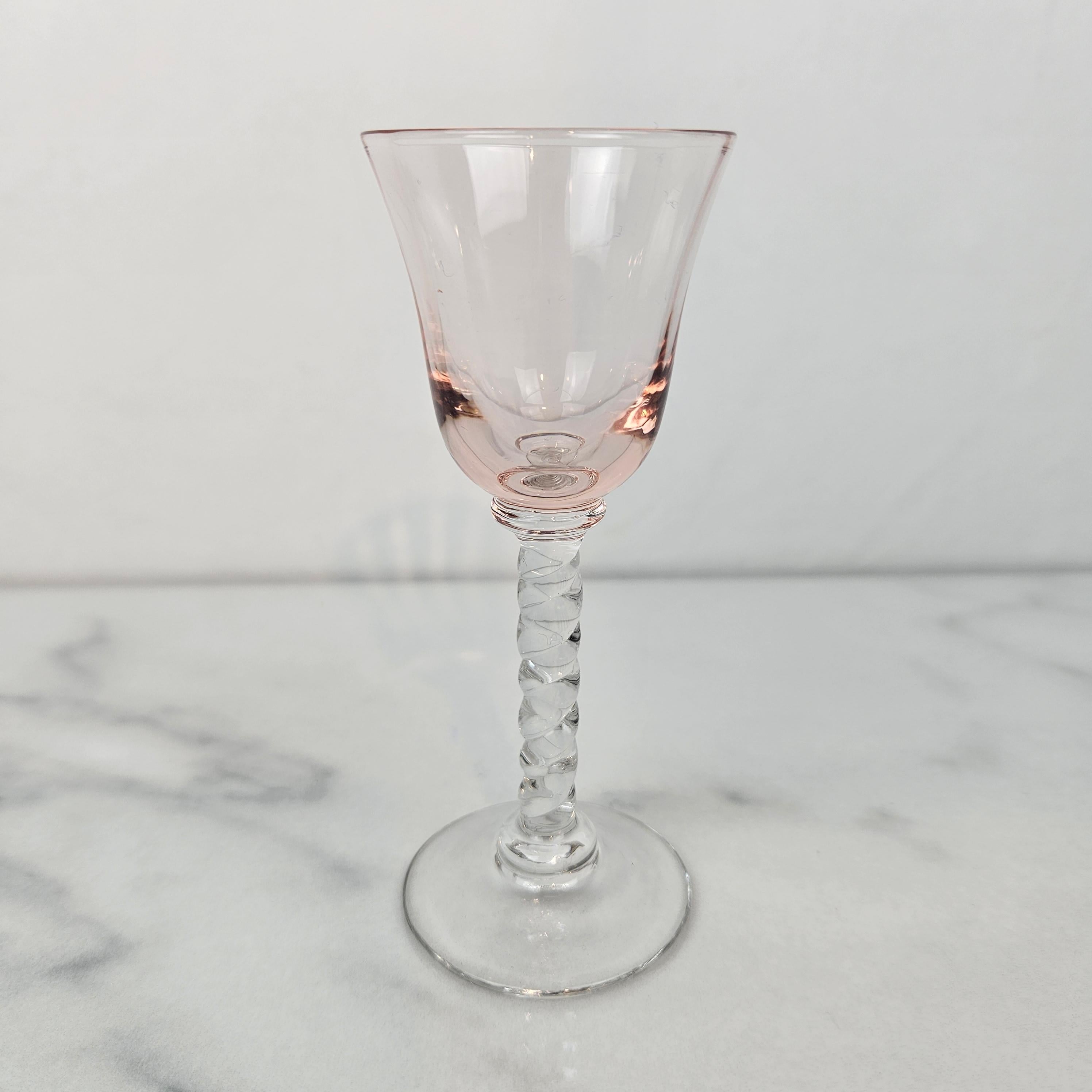 Hand-Crafted Set of Five Hand-Blown Colored Cordial Glasses with Twisted Stem, circa 1930 For Sale