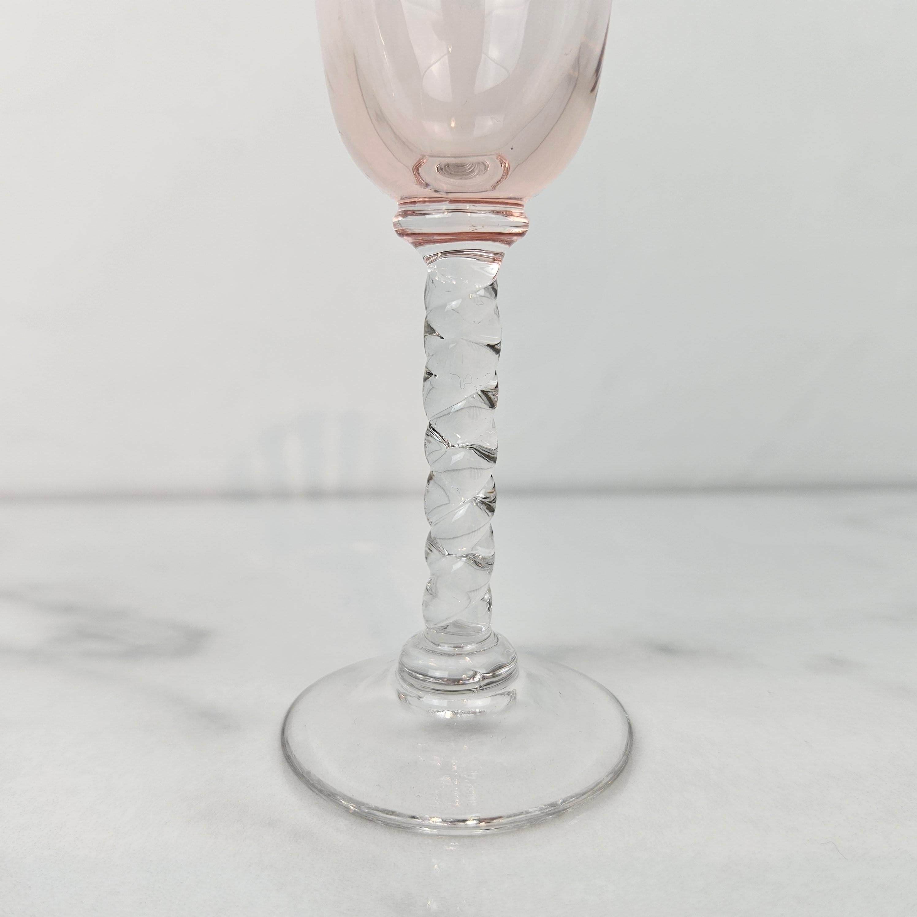 Mid-20th Century Set of Five Hand-Blown Colored Cordial Glasses with Twisted Stem, circa 1930 For Sale