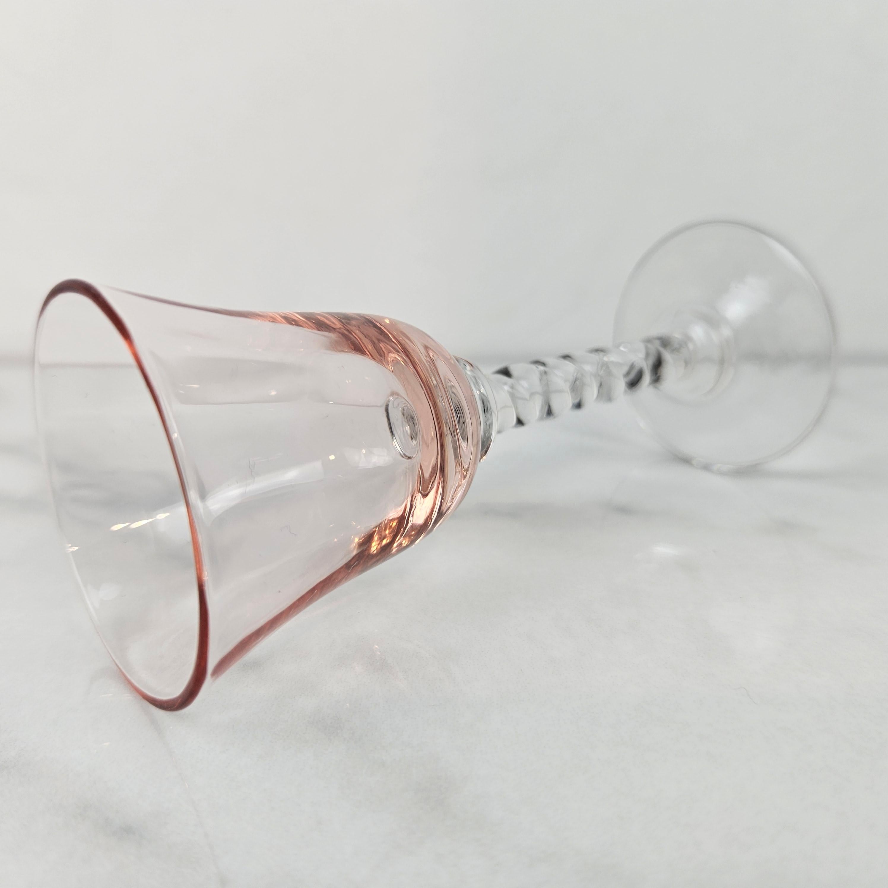 Blown Glass Set of Five Hand-Blown Colored Cordial Glasses with Twisted Stem, circa 1930 For Sale