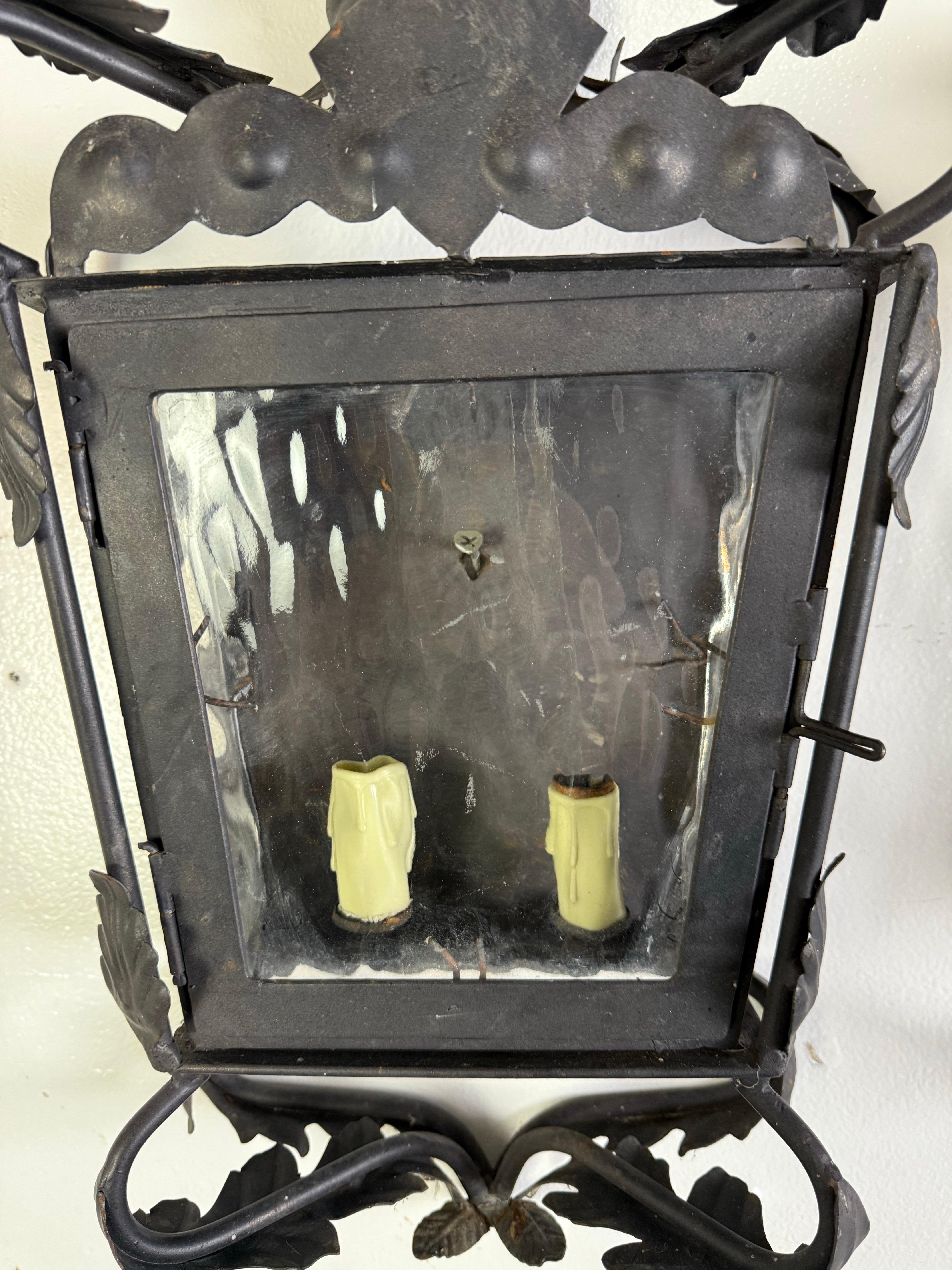 Set of Five Hand-Forged Spanish Wrought Iron Wall Lanterns In Distressed Condition For Sale In Los Angeles, CA