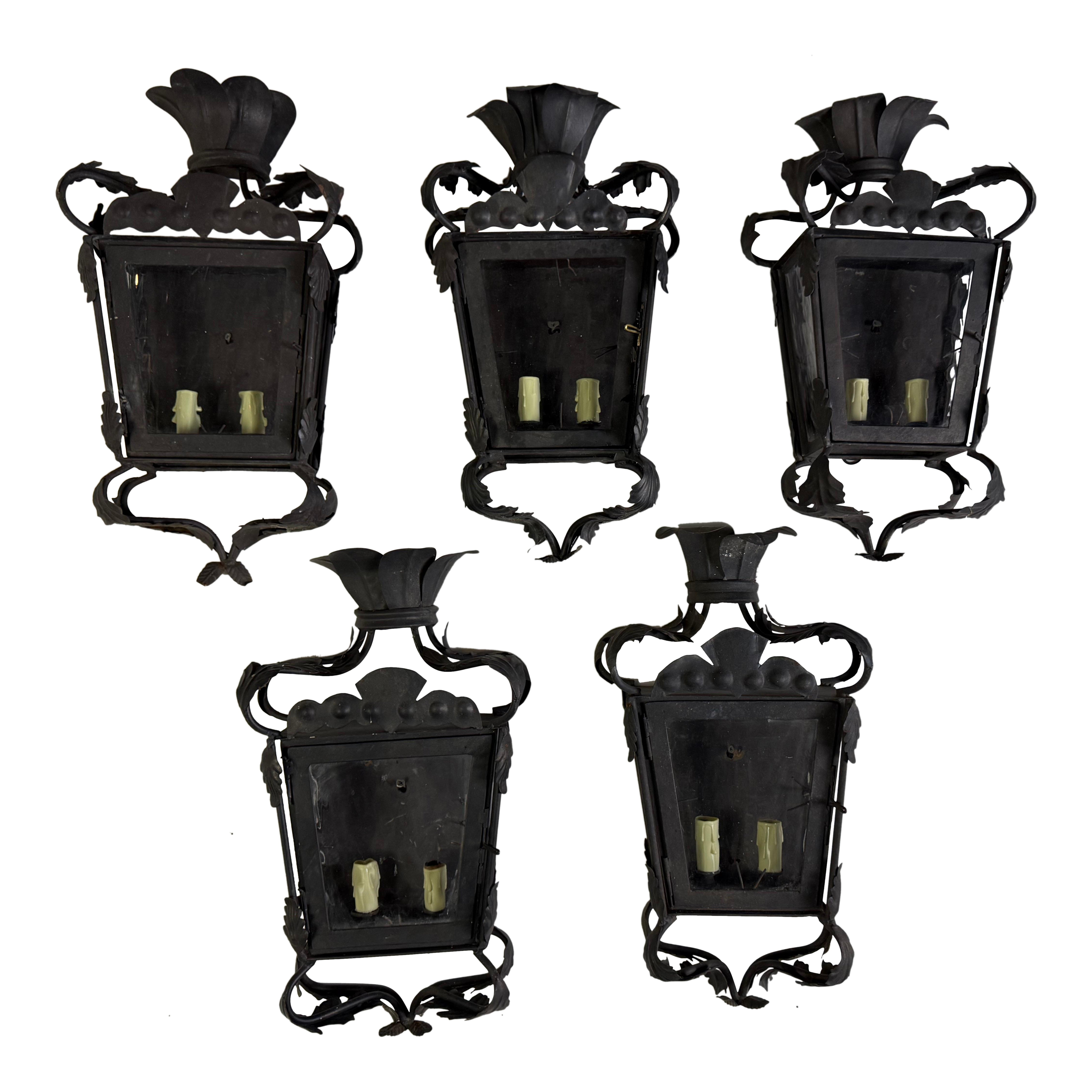 Set of Five Hand-Forged Spanish Wrought Iron Wall Lanterns