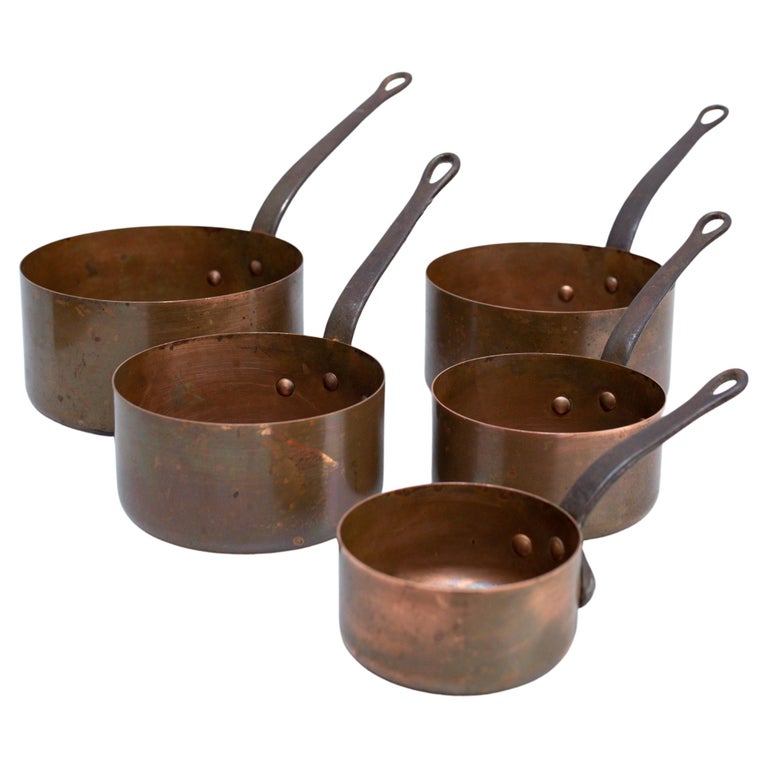 Set of Five Hand Painted Rustic Brass Pots, circa 1960 For Sale at 1stDibs
