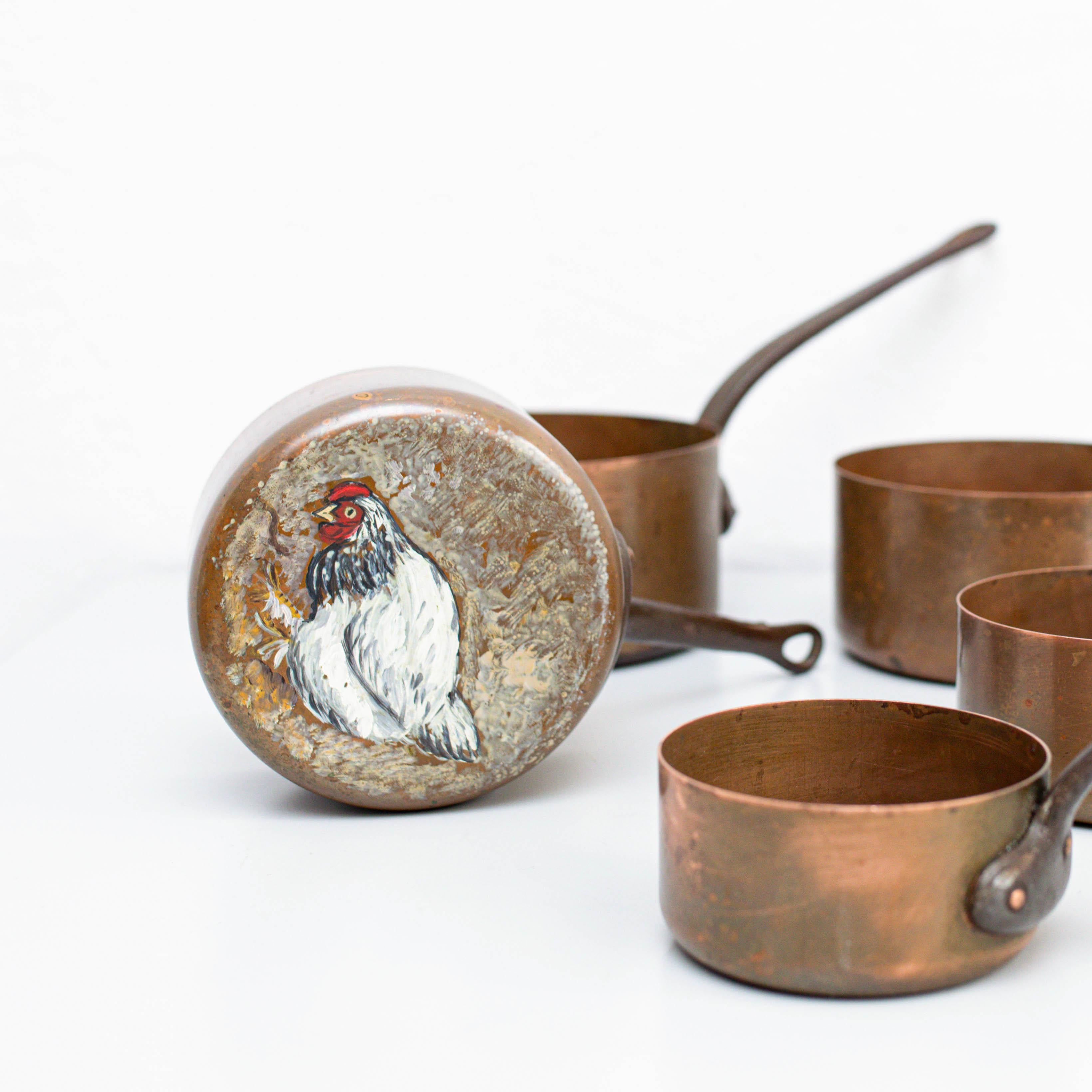 Mid-20th Century Set of Five Hand Painted Rustic Brass Pots, circa 1960
