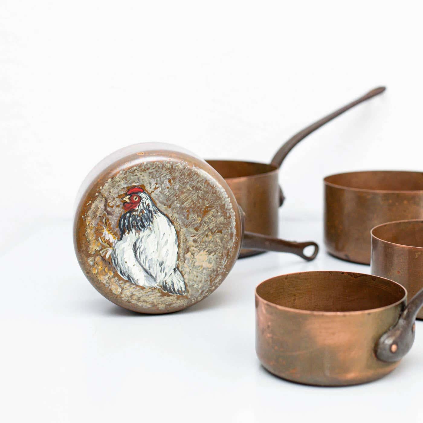 Mid-20th Century Set of Five Hand Painted Rustic Brass Pots, circa 1960 For Sale