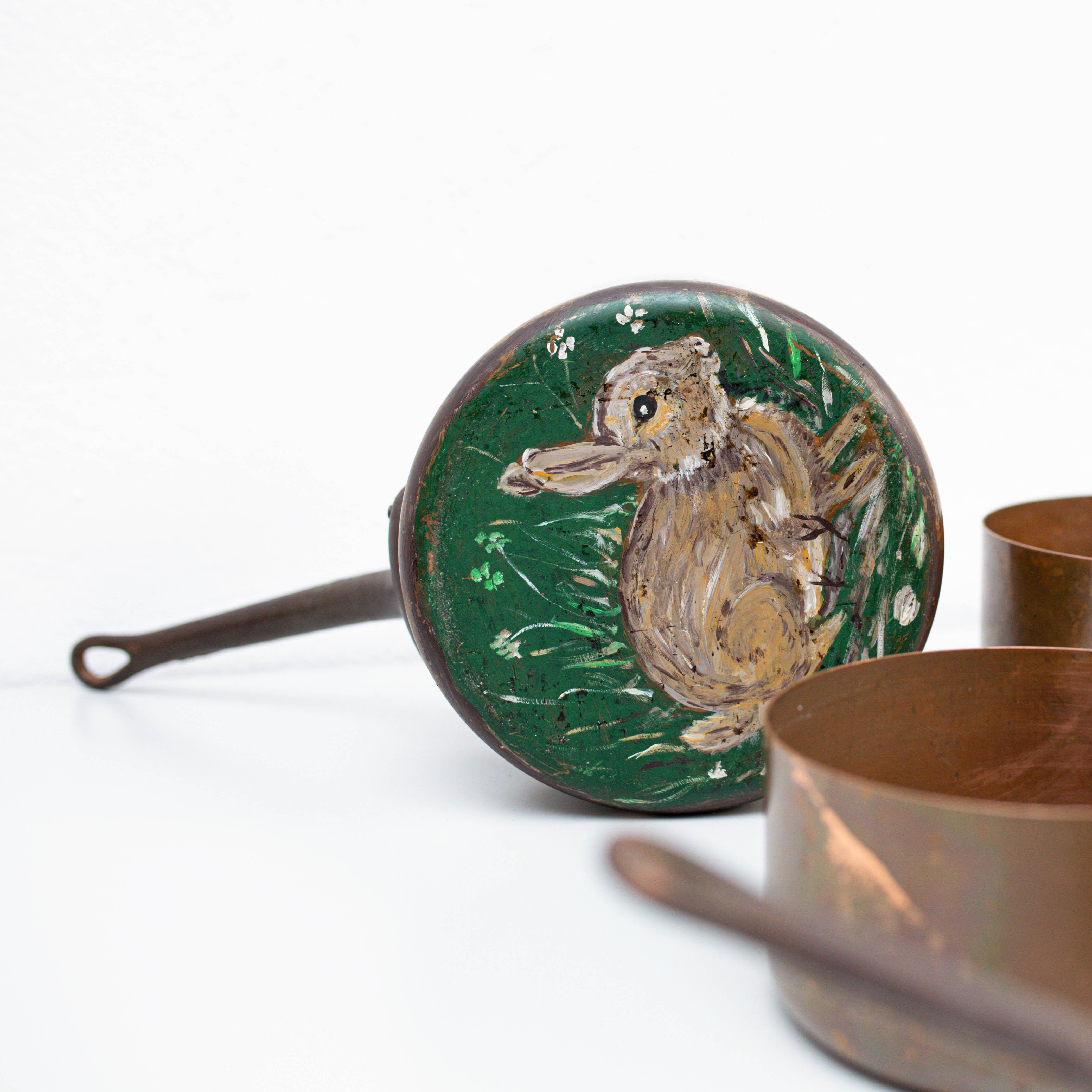 Set of Five Hand Painted Rustic Brass Pots, circa 1960 2