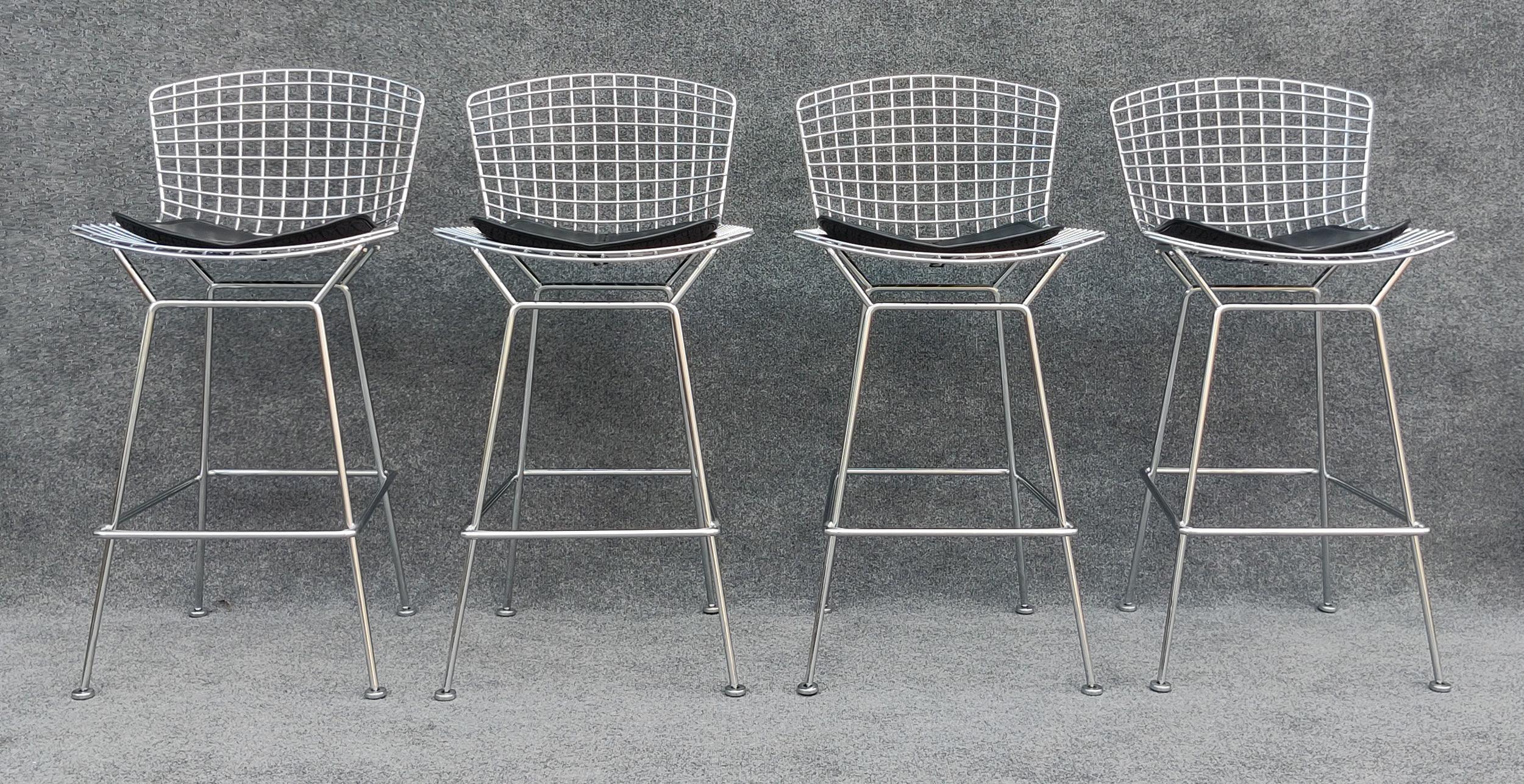Mid-Century Modern Set of Five Harry Bertoia for Knoll Barstool in Chrome & Black Leatherette