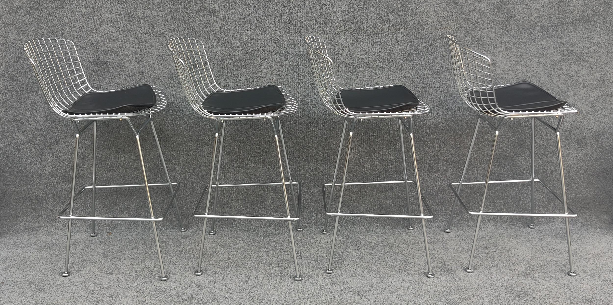 Welded Set of Five Harry Bertoia for Knoll Barstool in Chrome & Black Leatherette