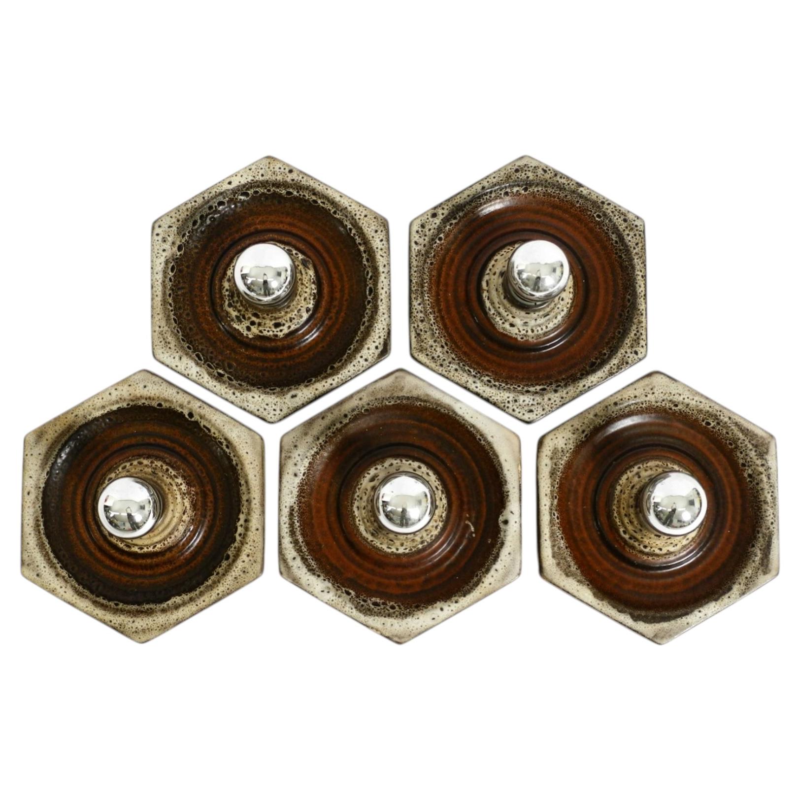 Set of five hexagonal "Fat Lava" ceramic wall lamps by Hustadt, Germany 1960s