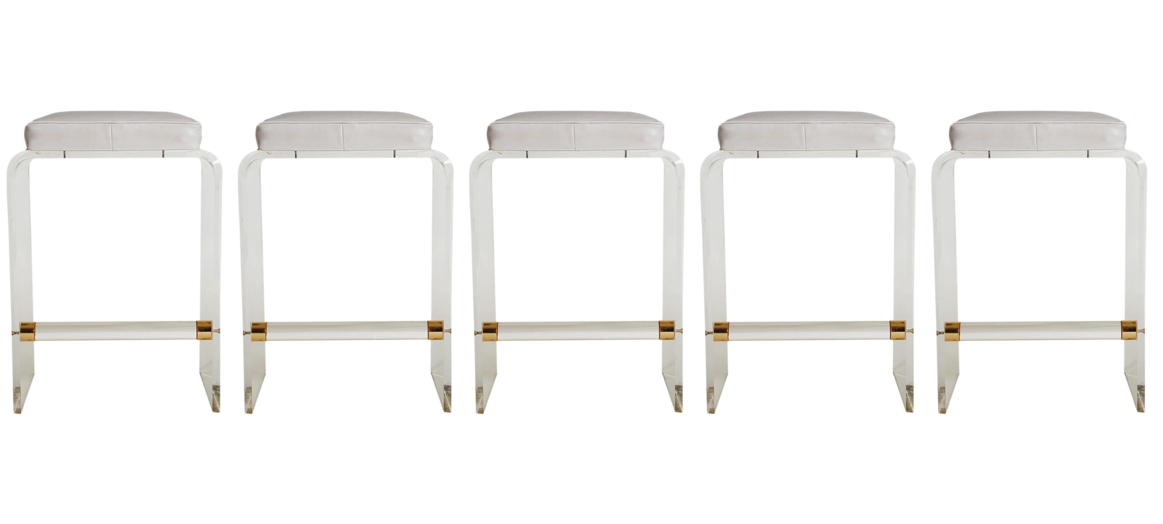 American Set of Five Hollywood Regency Acrylic Lucite & White Seat Bar or Counter Stools