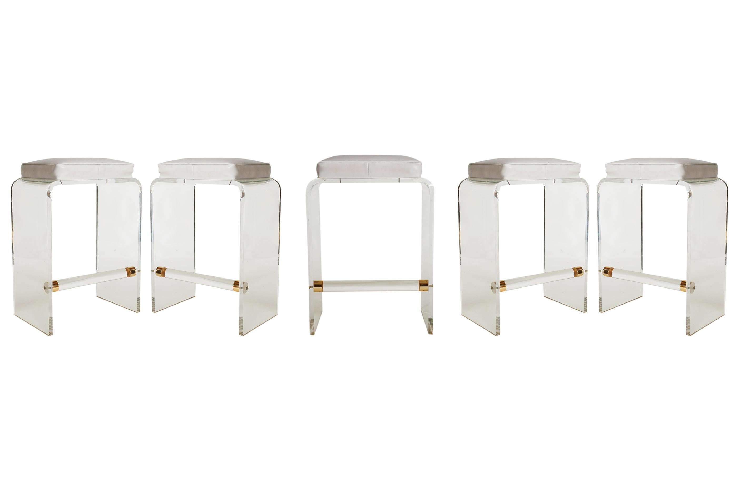Brass Set of Five Hollywood Regency Acrylic Lucite & White Seat Bar or Counter Stools