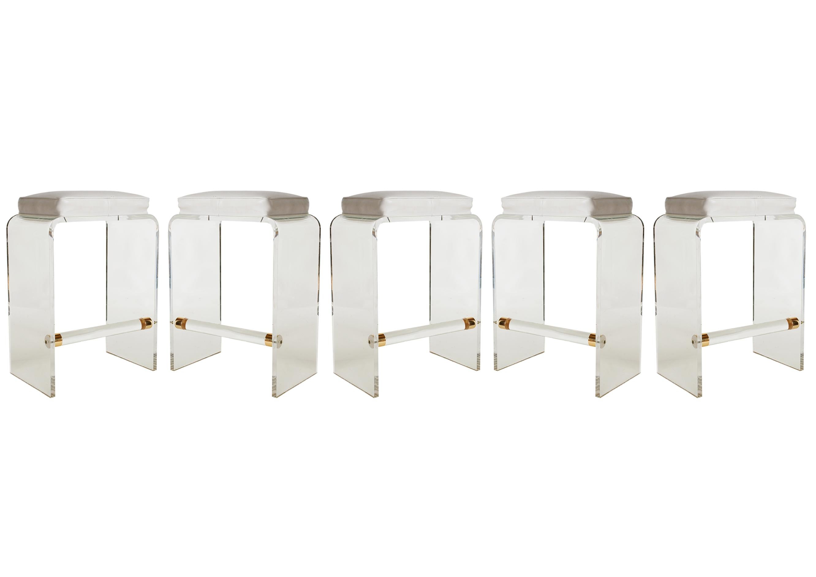 Set of Five Hollywood Regency Acrylic Lucite & White Seat Bar or Counter Stools 2