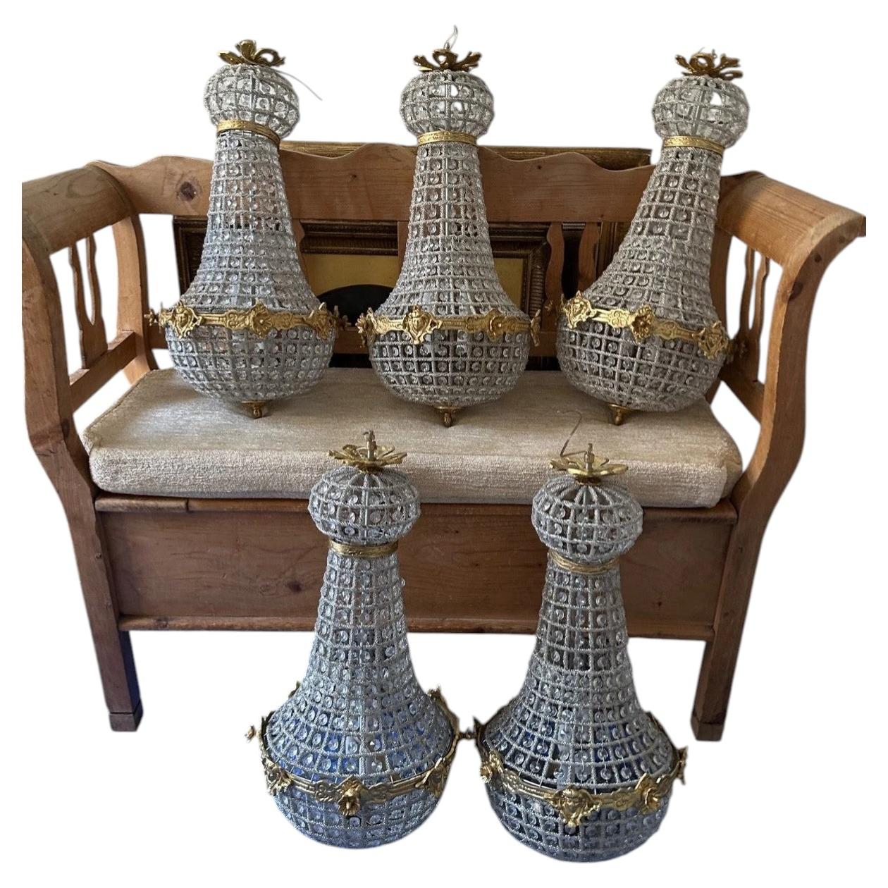 Set of Five Hollywood Regency Crystal and Gilt Bronze Ceiling Lanterns For Sale