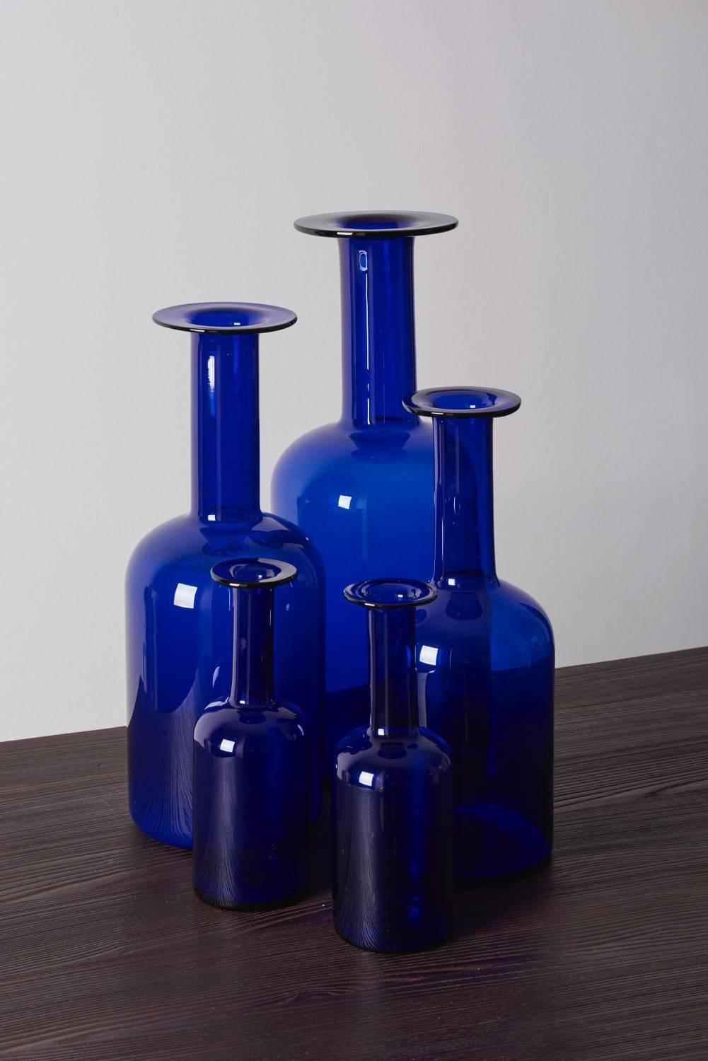 Mid-Century Modern Set of Five Holmegaard Gulv Vases by Otto Brauer in Blue