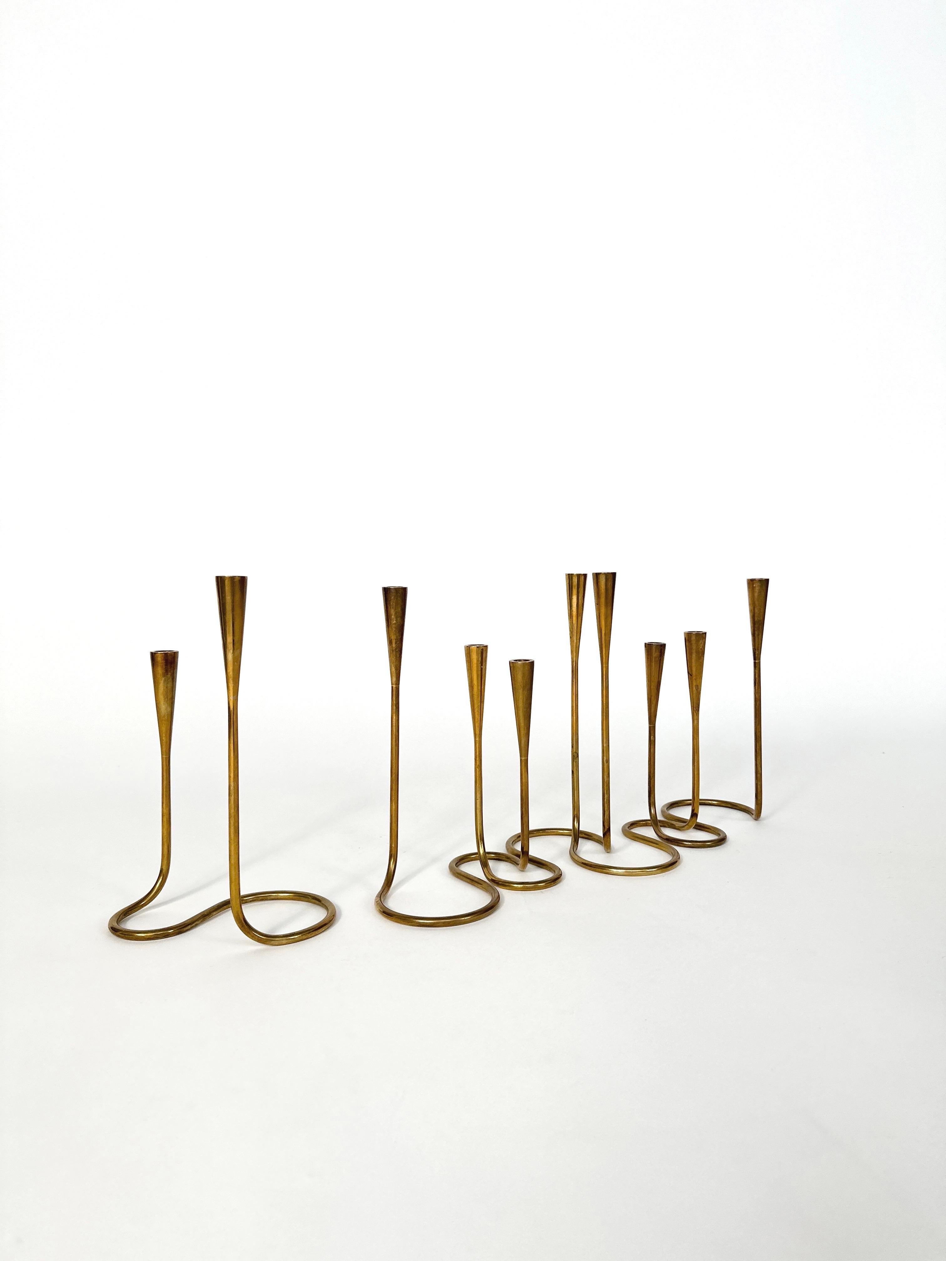 Mid-Century Modern Set of Five Illums Bolighus Candle Holders Serpentine Brass Denmark 1950s