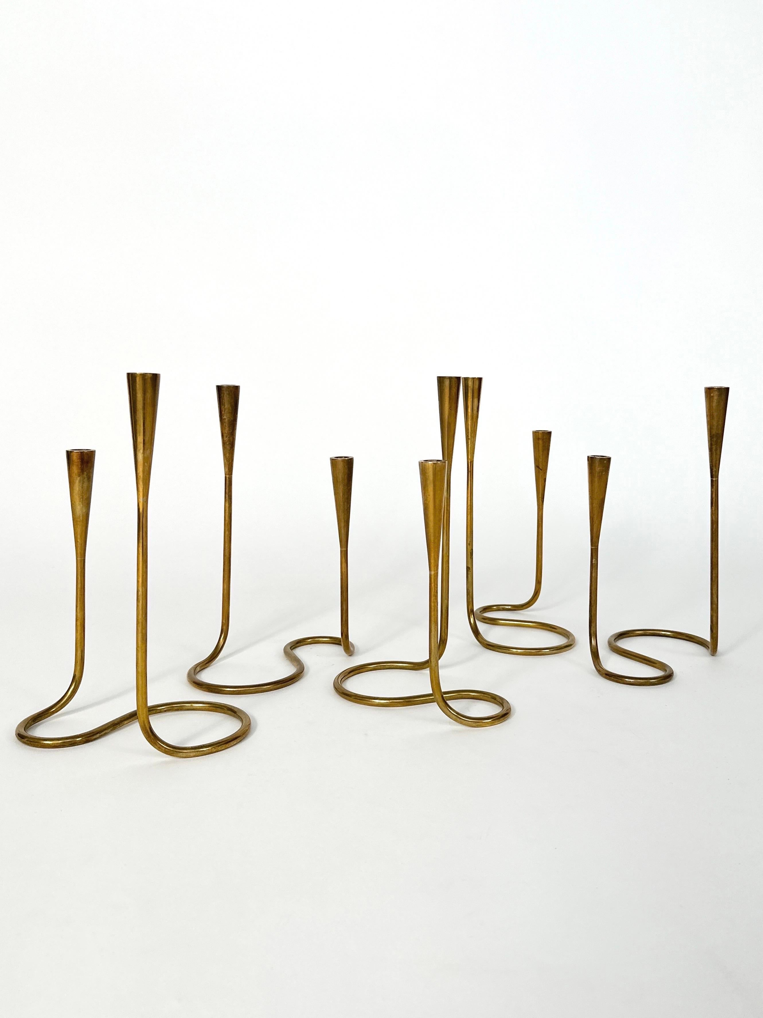 Danish Set of Five Illums Bolighus Candle Holders Serpentine Brass Denmark 1950s