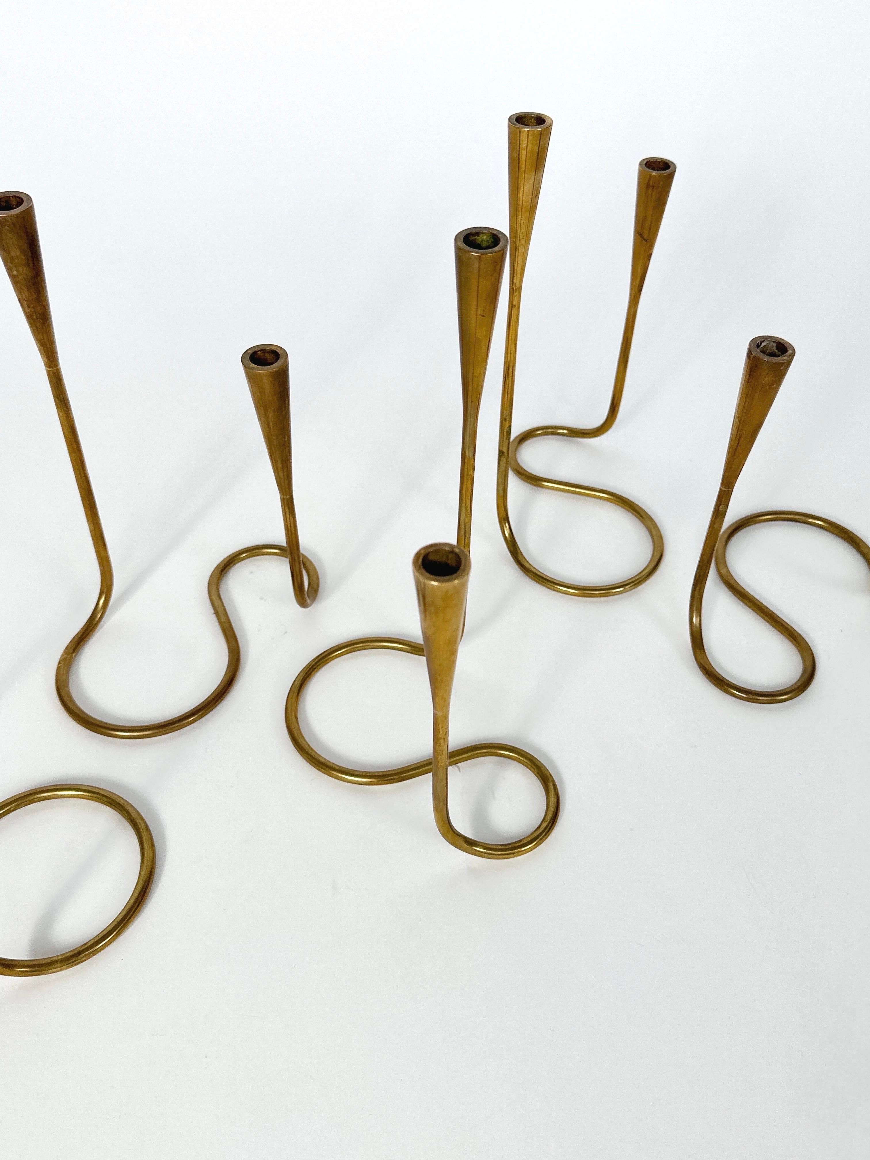 Mid-20th Century Set of Five Illums Bolighus Candle Holders Serpentine Brass Denmark 1950s
