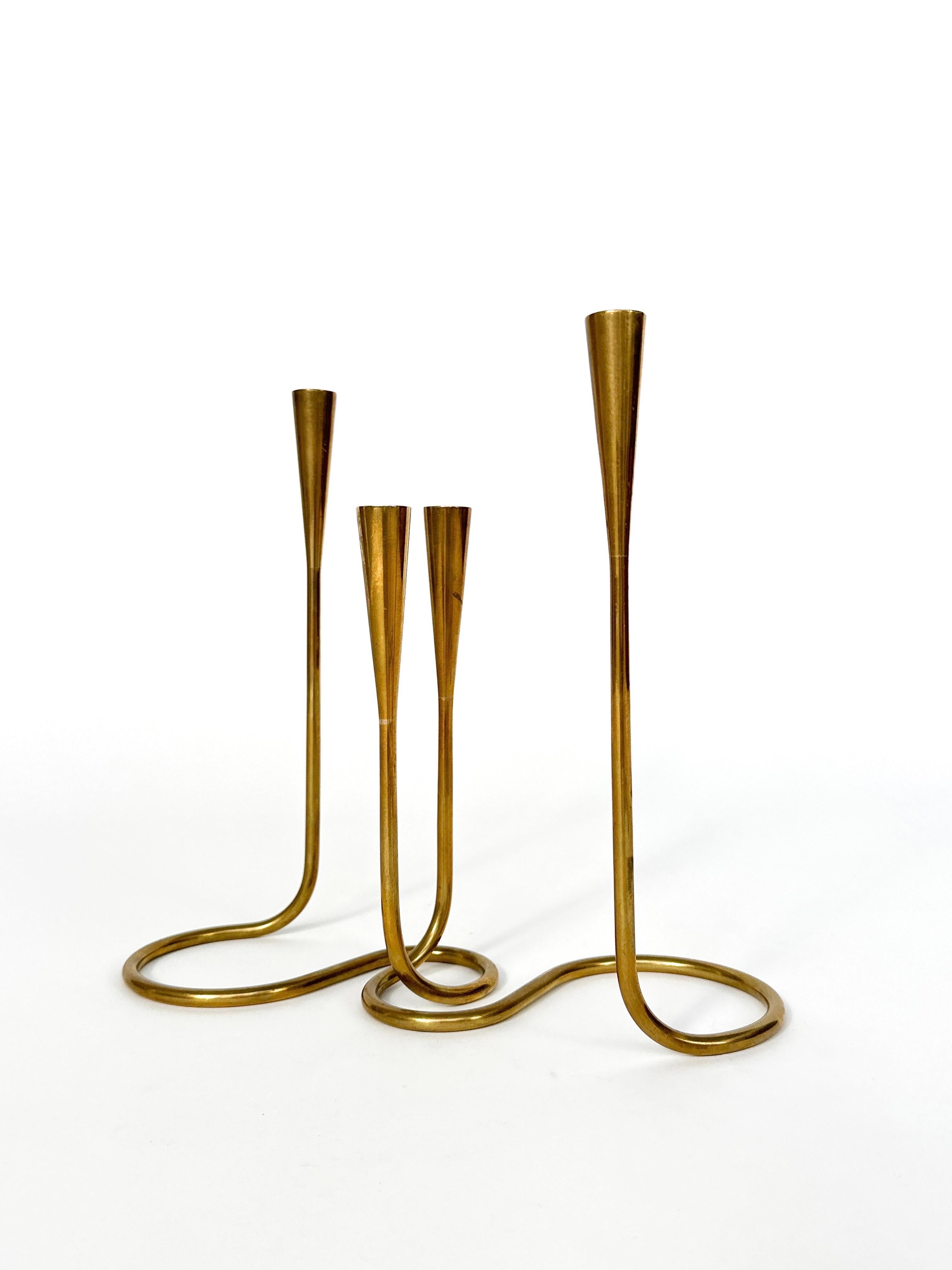 Set of Five Illums Bolighus Candle Holders Serpentine Brass Denmark 1950s 1