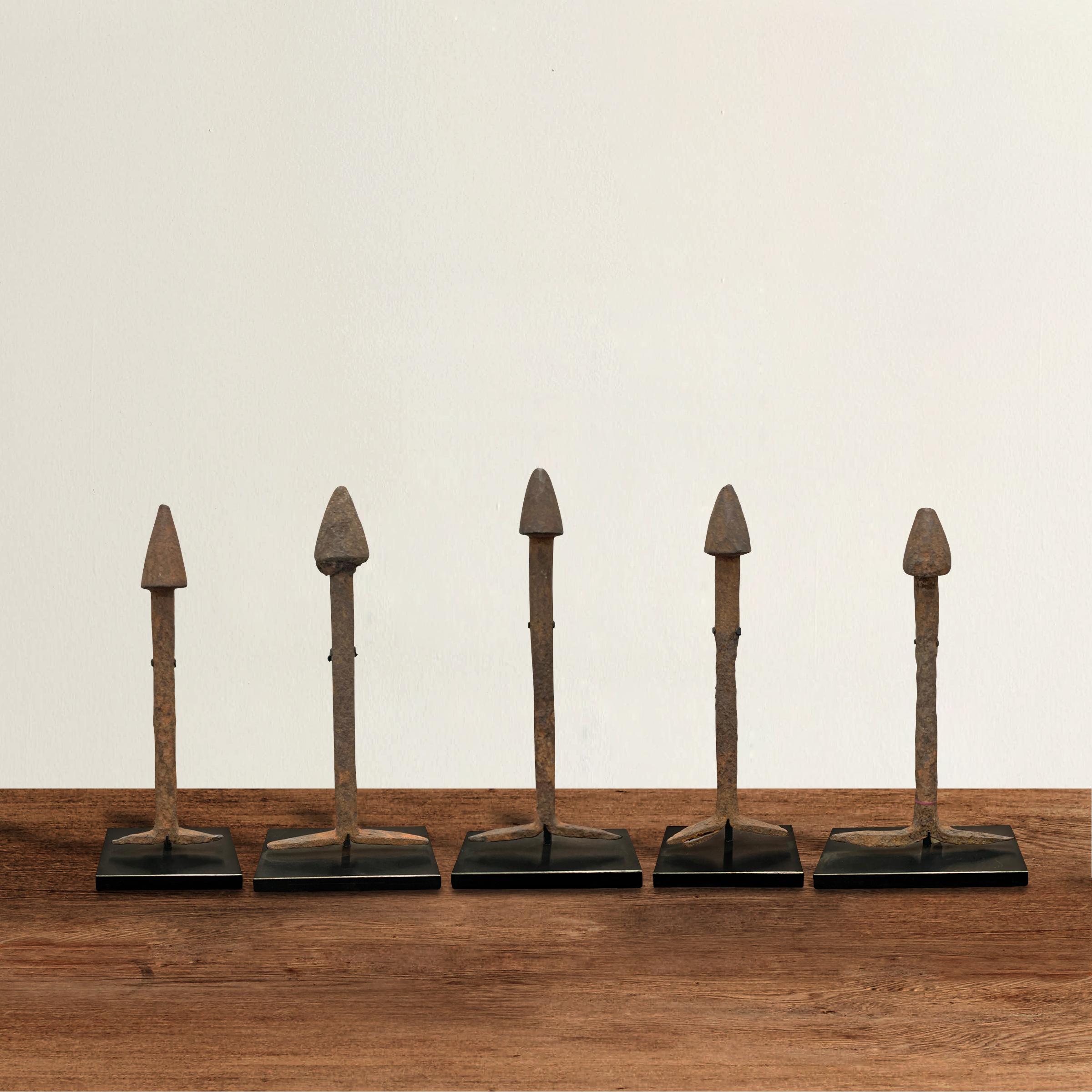 A wonderful set of five early 20th century iron phallus figures from Togo. Fertility figures like these were planted in the ground of a farmer's field to promote the fertility of the land. Each is mounted on a custom steel stand.