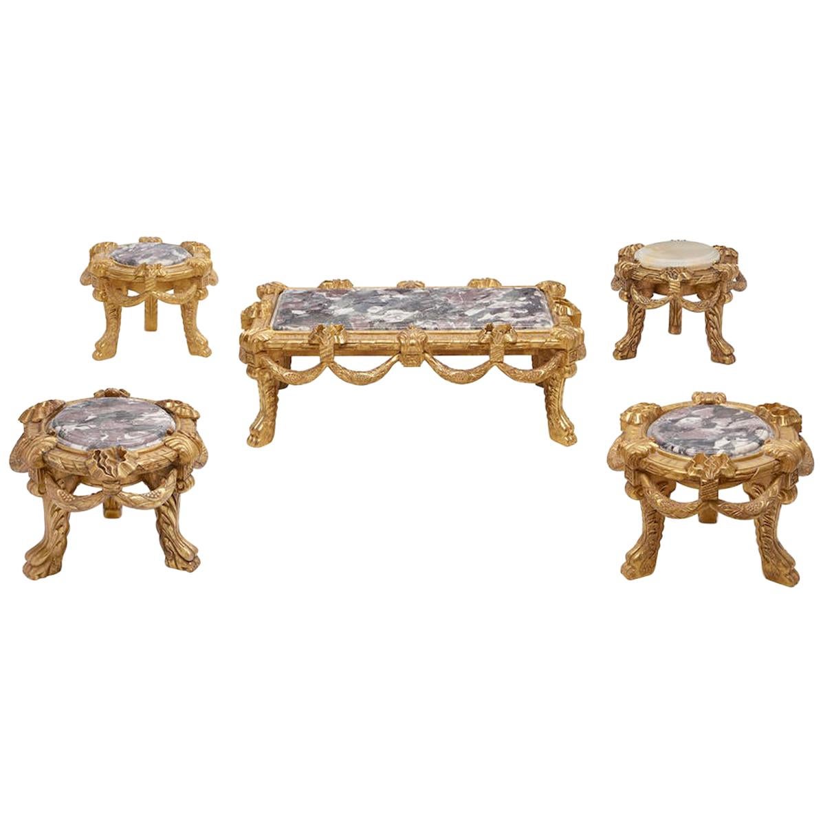 Set of Five Italian Carved Giltwood Low Tables