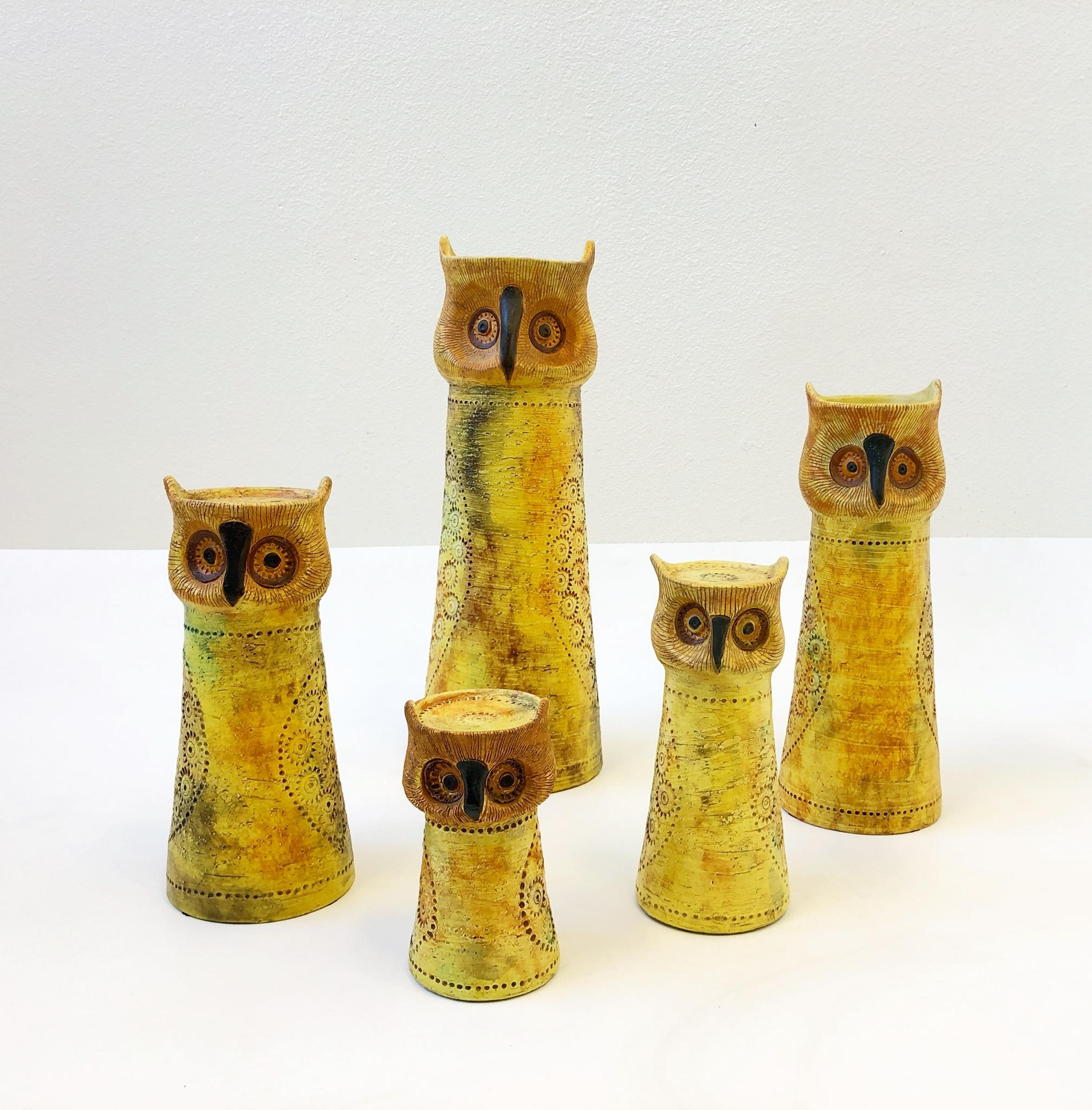 A rare set of five Italian ceramic owls by Aldo Londi for Bitossi imported by Rosenthal & Netter. Four of the owls are candleholder and one is a vase. All of the owls are marked made in Italy and have the Rosenthal & Netter label. The tallest owl is