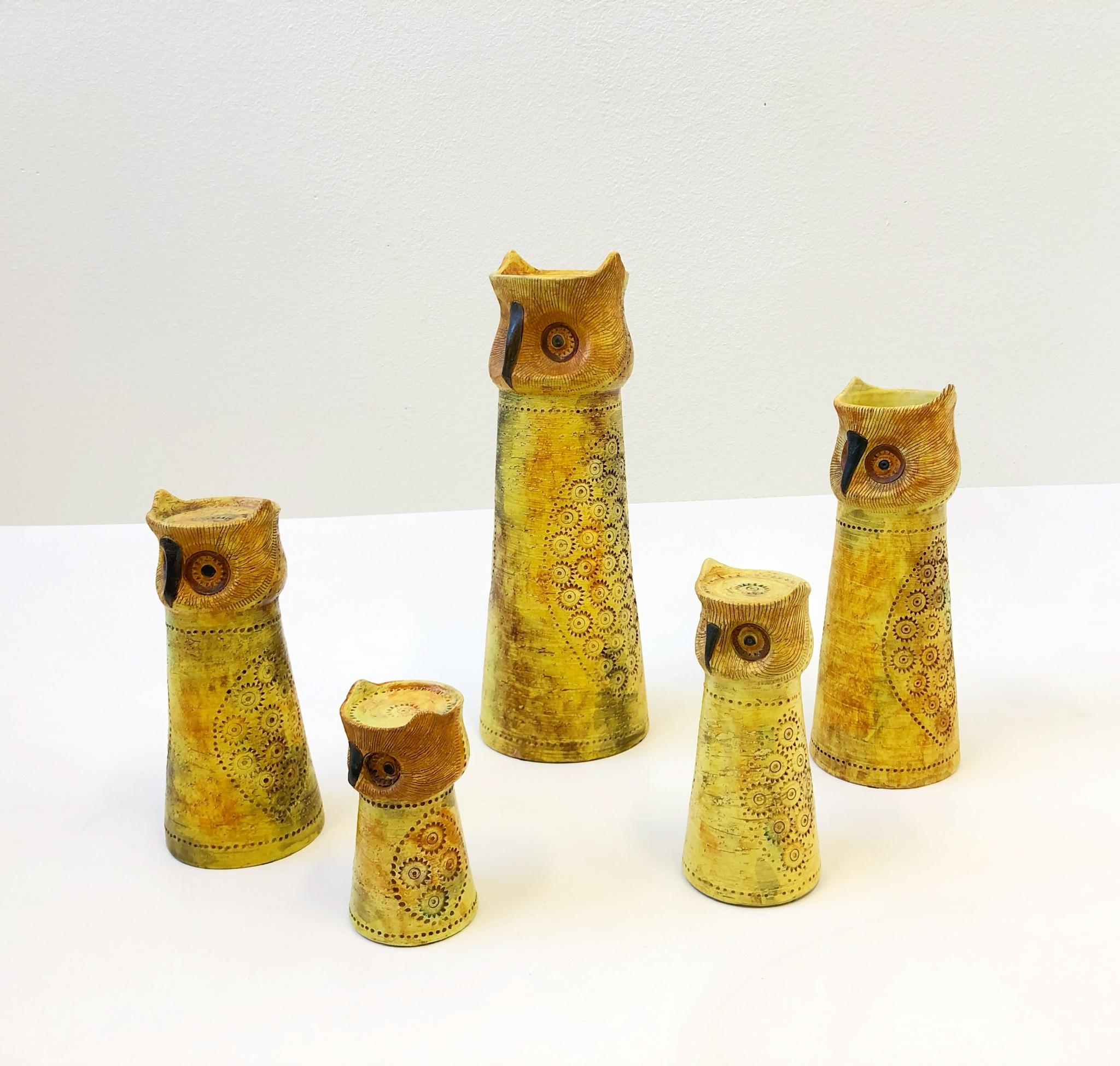 Mid-Century Modern Set of Five Italian Ceramic Owls Candleholders by Bitossi