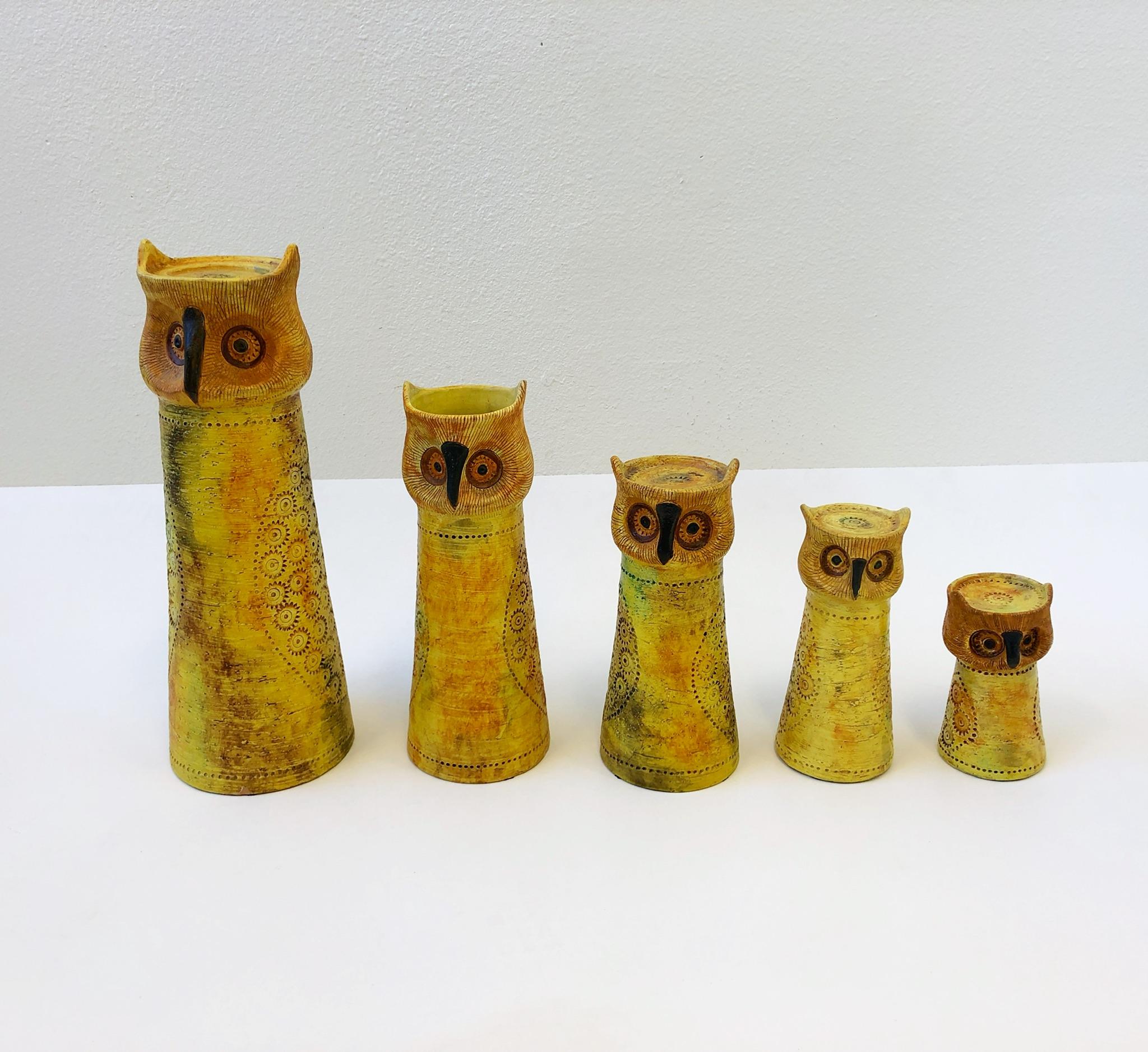 Glazed Set of Five Italian Ceramic Owls Candleholders by Bitossi