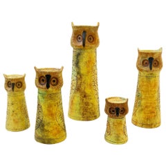 Vintage Set of Five Italian Ceramic Owls Candleholders by Bitossi