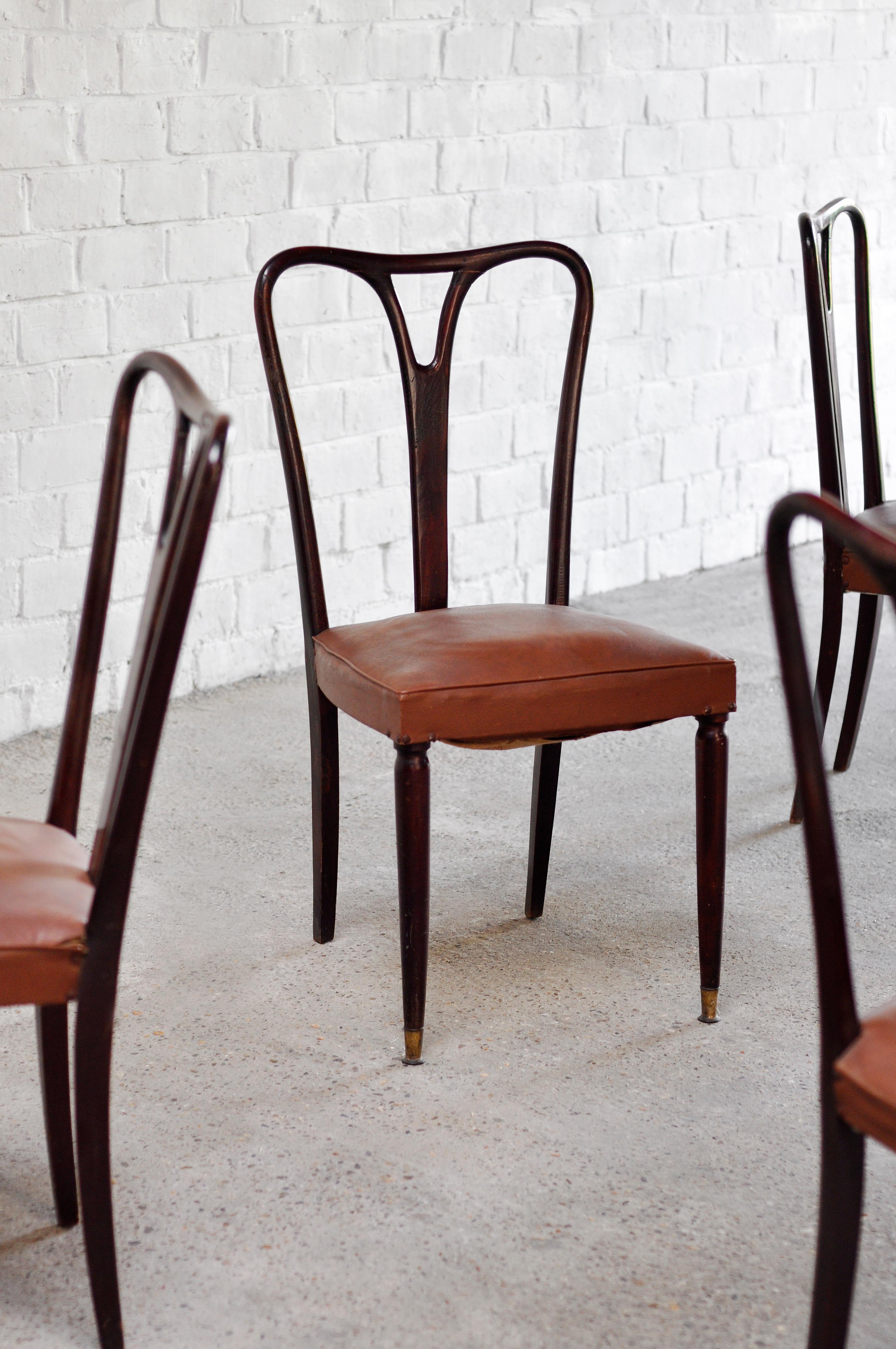 Mid-Century Modern Set of Five Italian Dining Chairs By Carlo Enrico Rava, 1950's For Sale