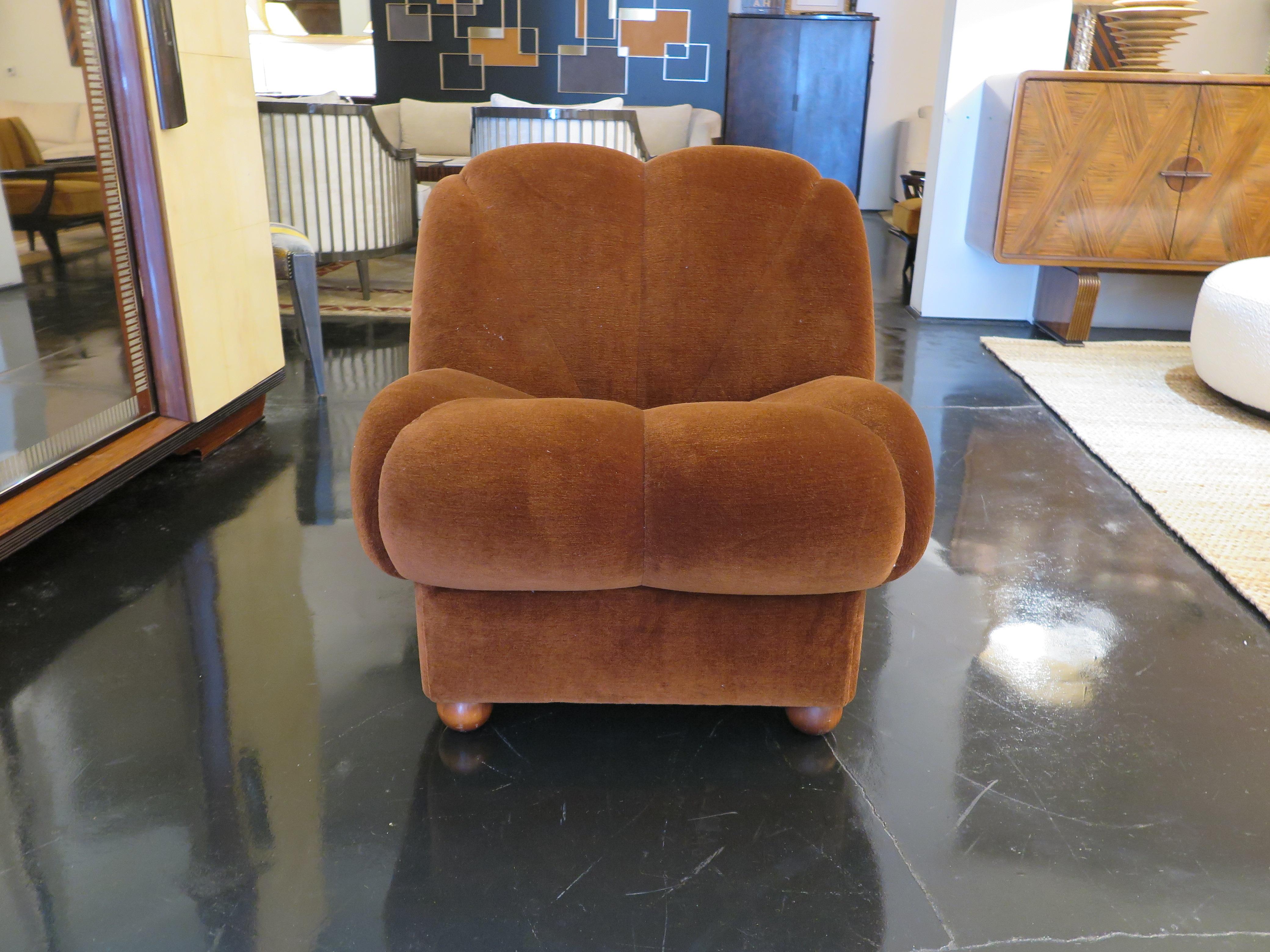 Velvet Single Italian Mid-Century Slipper Chair - walnut feet and original upholstery For Sale
