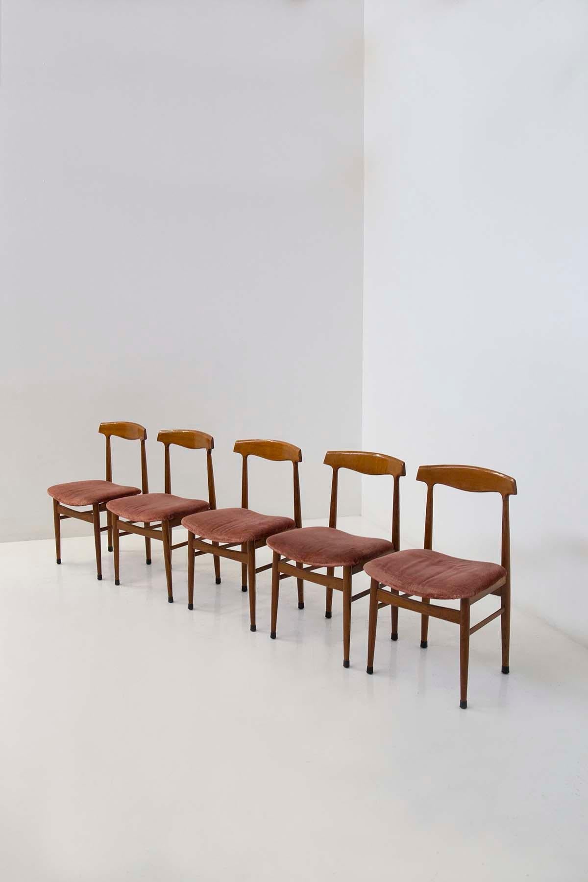 Mid-Century Modern Set of Five Italian Wood and Velvet Chairs For Sale