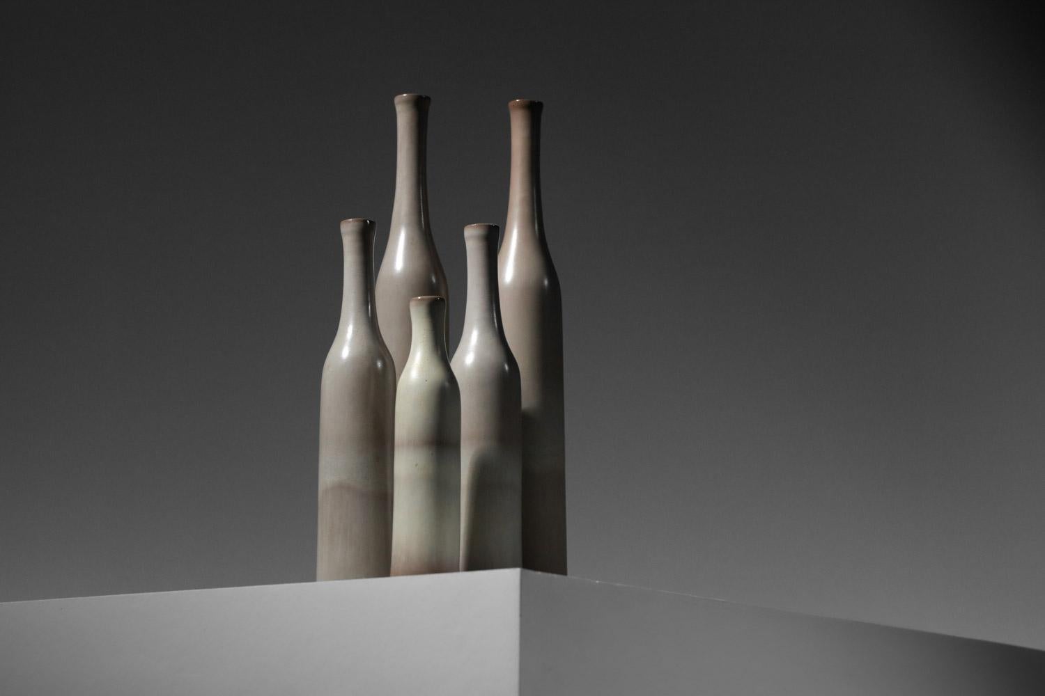 French set of five Jacques et Danièle Ruelland gray-glazed ceramic vases  For Sale