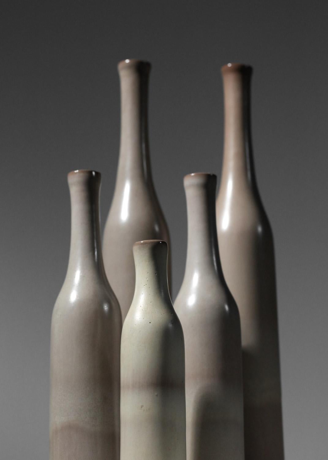 Hand-Carved set of five Jacques et Danièle Ruelland gray-glazed ceramic vases  For Sale