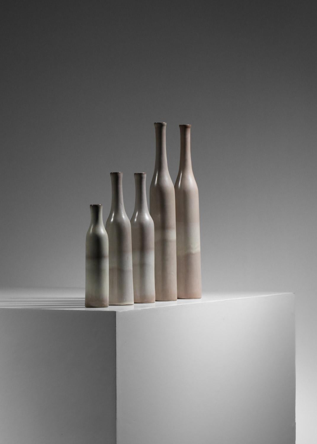 Mid-20th Century set of five Jacques et Danièle Ruelland gray-glazed ceramic vases  For Sale