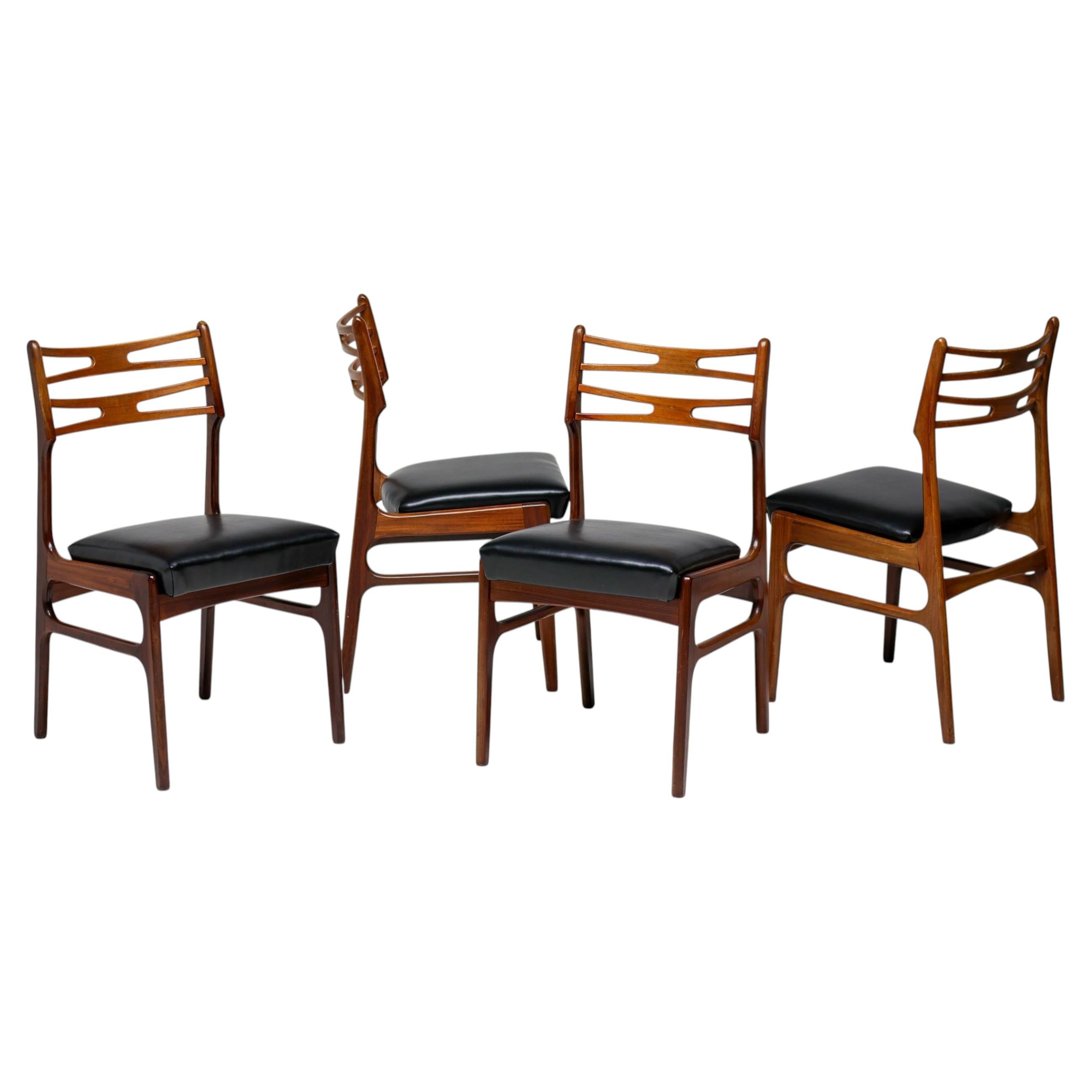 Set of Five Johannes Andersen Dining Room Chairs in Teak and Black Naugahyde