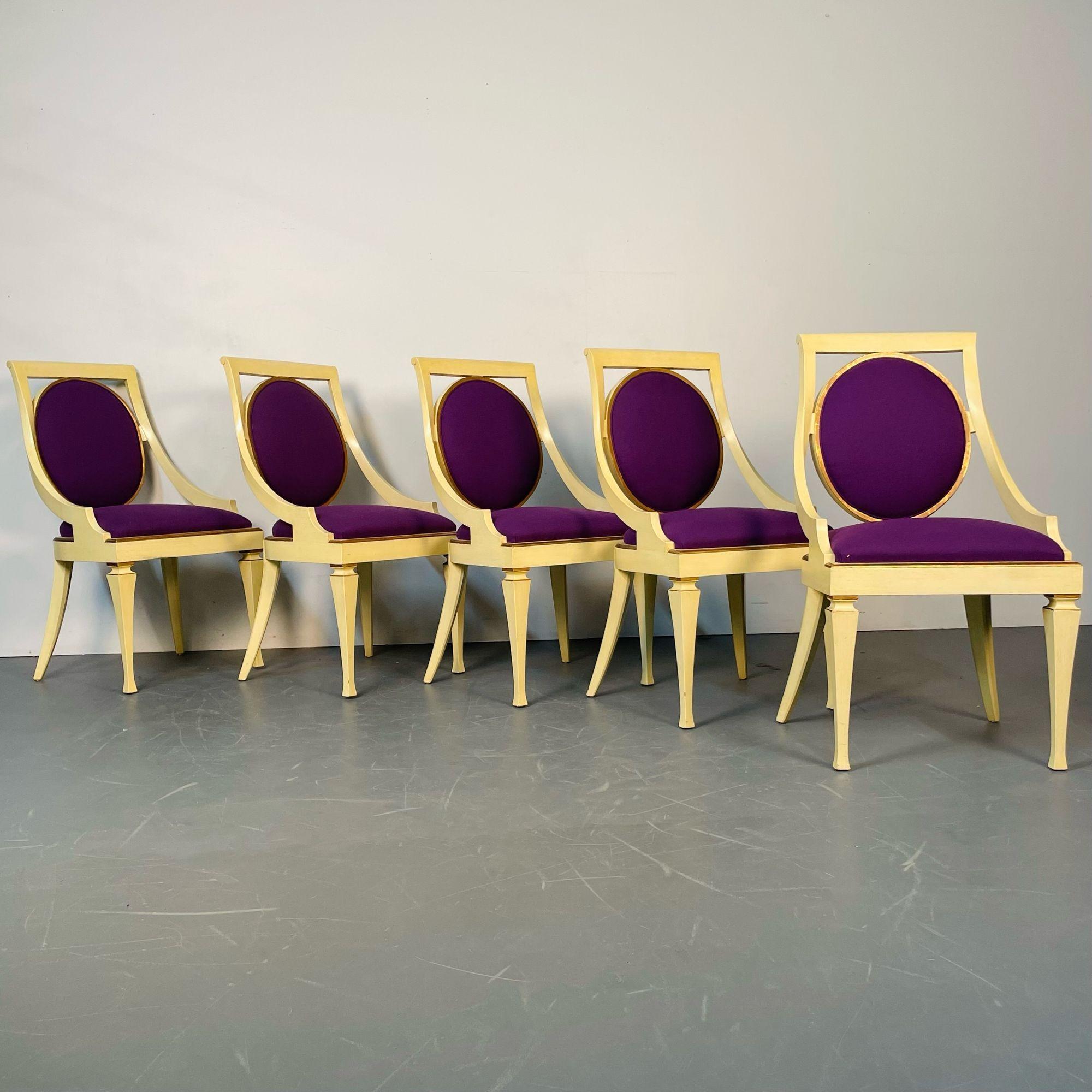Set of Five John Widdicomb Dining / Side Chairs, Art Deco, Gold Leaf, Purple
 
Five American midcentury or Deco Style dining / side chairs having cream frames with purple velvet fabric and gold trim. 
 
Wood, Gold Leaf, Fabric
United States,