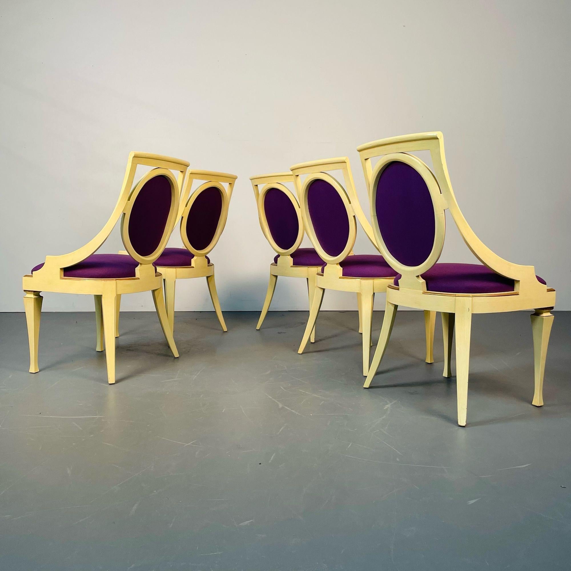 Mid-Century Modern Set of Five John Widdicomb Dining / Side Chairs, Art Deco, Gold Leaf, Purple For Sale