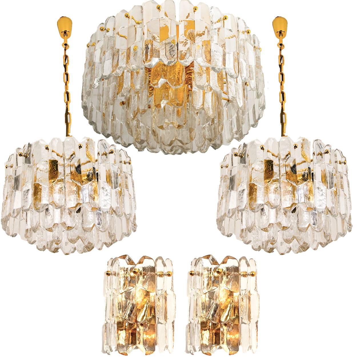 Set of Five J.T. Kalmar 
Palazzo
 Light Fixtures Gilt Brass and Glass, 1970